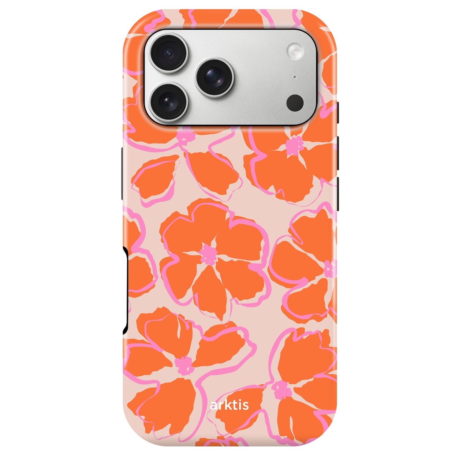 Arktis iPhone 17 Pro Hülle - Orange Malve: Stoßabsorbierende TPU-Silikon-Hülle mit großem orange-pinkem Blumenmuster auf beigem Hintergrund, MagSafe-kompatibel und passend für Modelle mit drei Rückkameras.