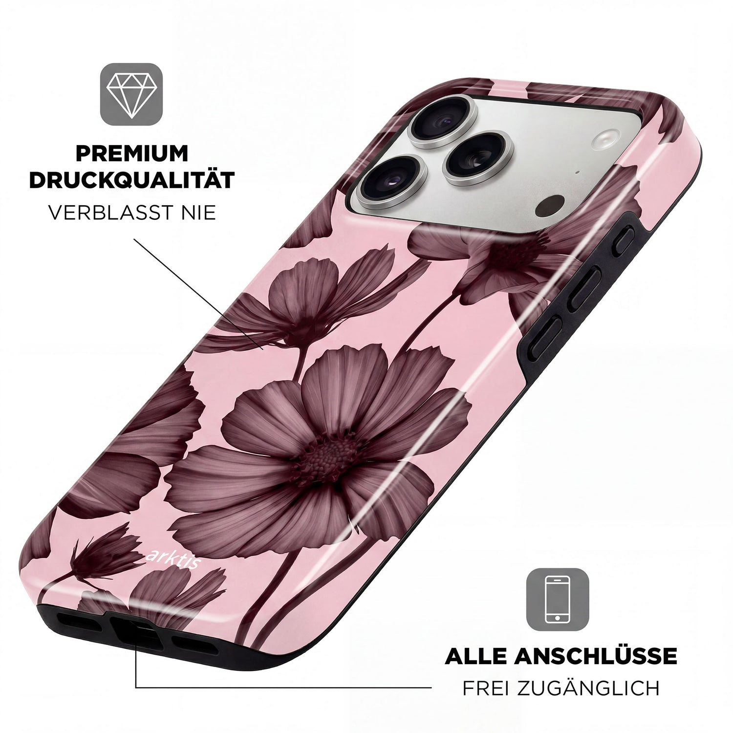Die arktis iPhone 17 Pro Hülle - Bloom Case von arktis, rosa mit dunklem Blumenmuster, besteht aus stoßabsorbierendem TPU-Silikon, ist MagSafe-kompatibel und bietet präzise Aussparungen sowie hochwertige Druckqualität.
