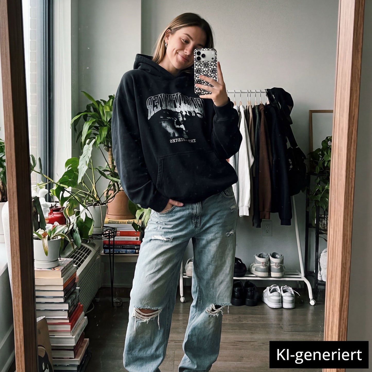 Eine Frau in schwarzem Kapuzenpulli und zerrissenen Jeans macht ein Spiegel-Selfie mit ihrem arktis iPhone 15 Pro Max Hülle - Lemon, das mit stoßabsorbierendem TPU-Silikon ausgestattet ist, in einem gemütlichen Raum voller Pflanzen. KI-generiert.