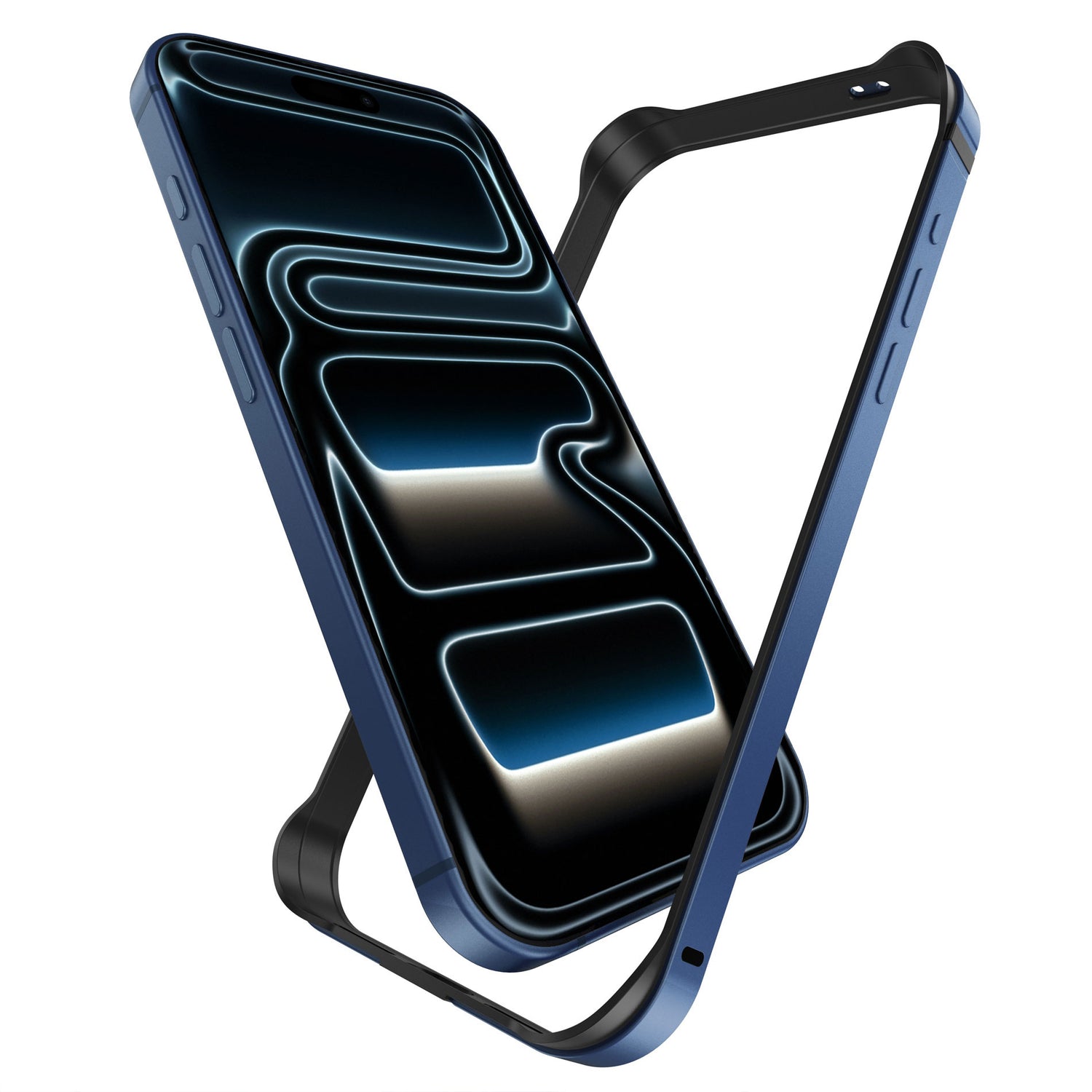 Ein blauer arktis iPhone 17 Pro Max Bumper mit Aluminium TPU Schutzhülle, entworfen für kabelloses Laden, schwebt neben einem passenden Smartphone vor einem schlichten weißen Hintergrund.