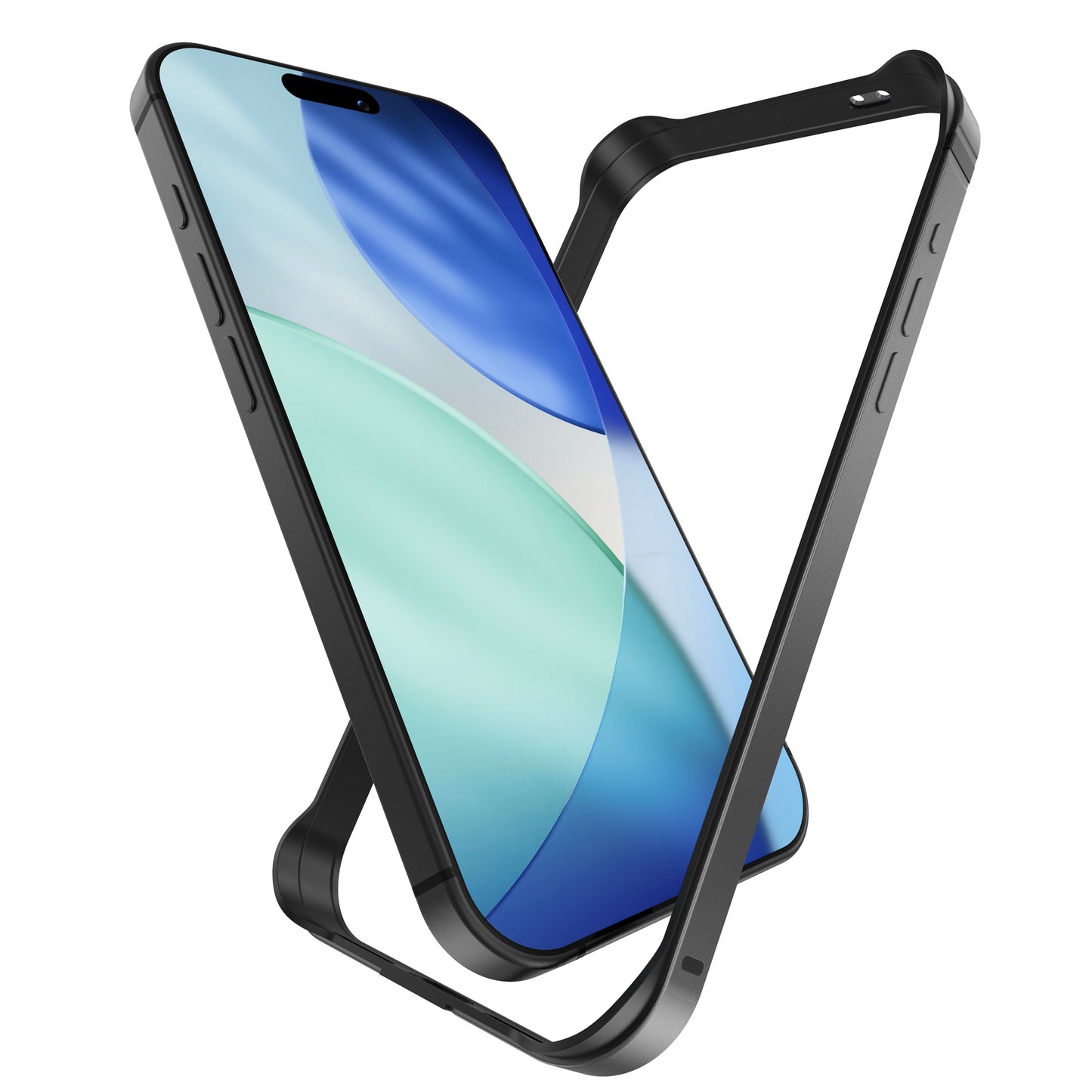 Ein Smartphone mit blau-grünem Bildschirm, geschützt durch einen arktis iPhone 17 Pro Max Bumper und ein schwarzes Aluminium TPU Case, das es teilweise umgibt.
