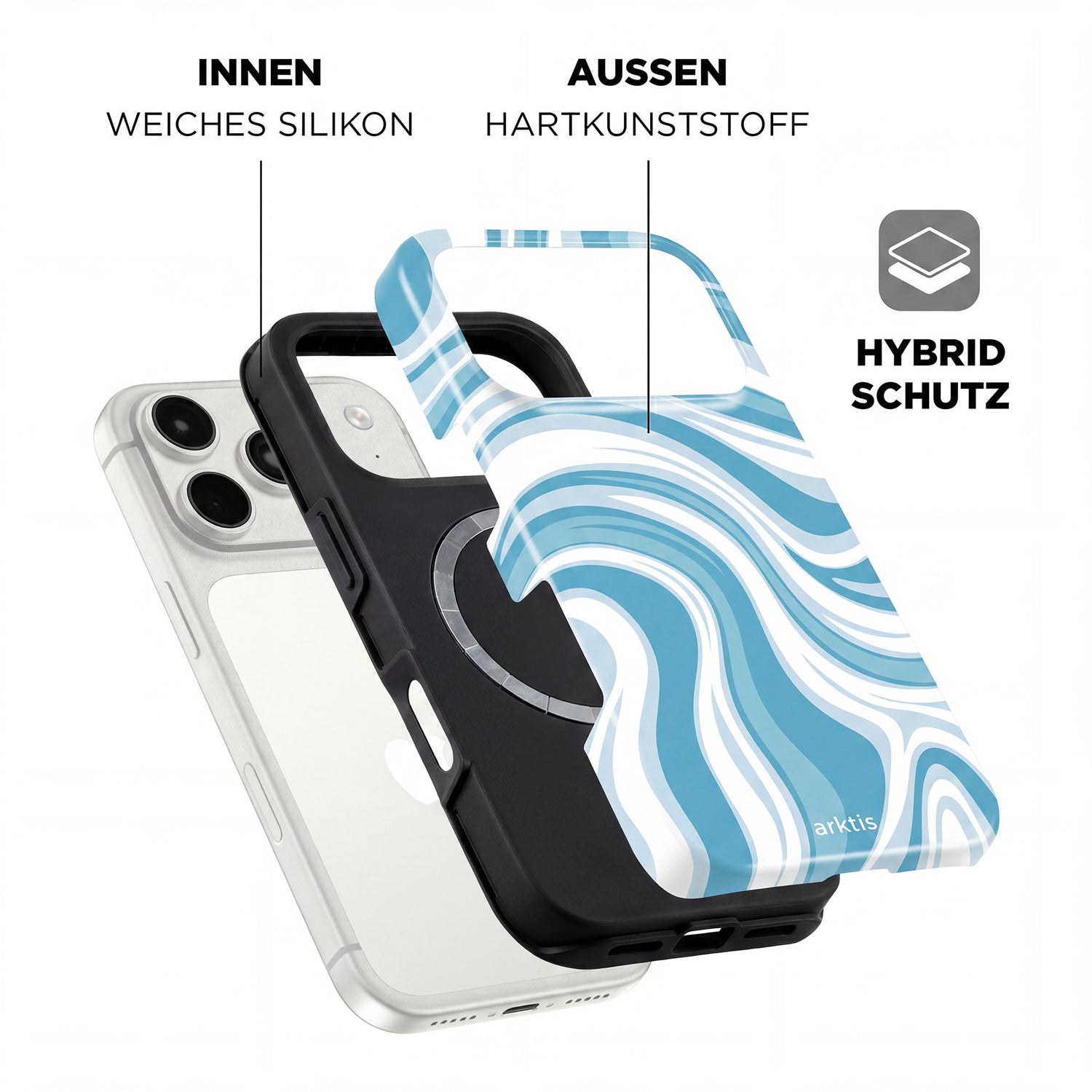 Explosionszeichnung der arktis iPhone 17 Pro Max Hülle - Blue Lagoon: weiche, stoßdämpfende Innenschicht aus Silikon, Außenhülle aus Hartplastik, blau-weißes Design, MagSafe kompatibel. Marke: arktis.