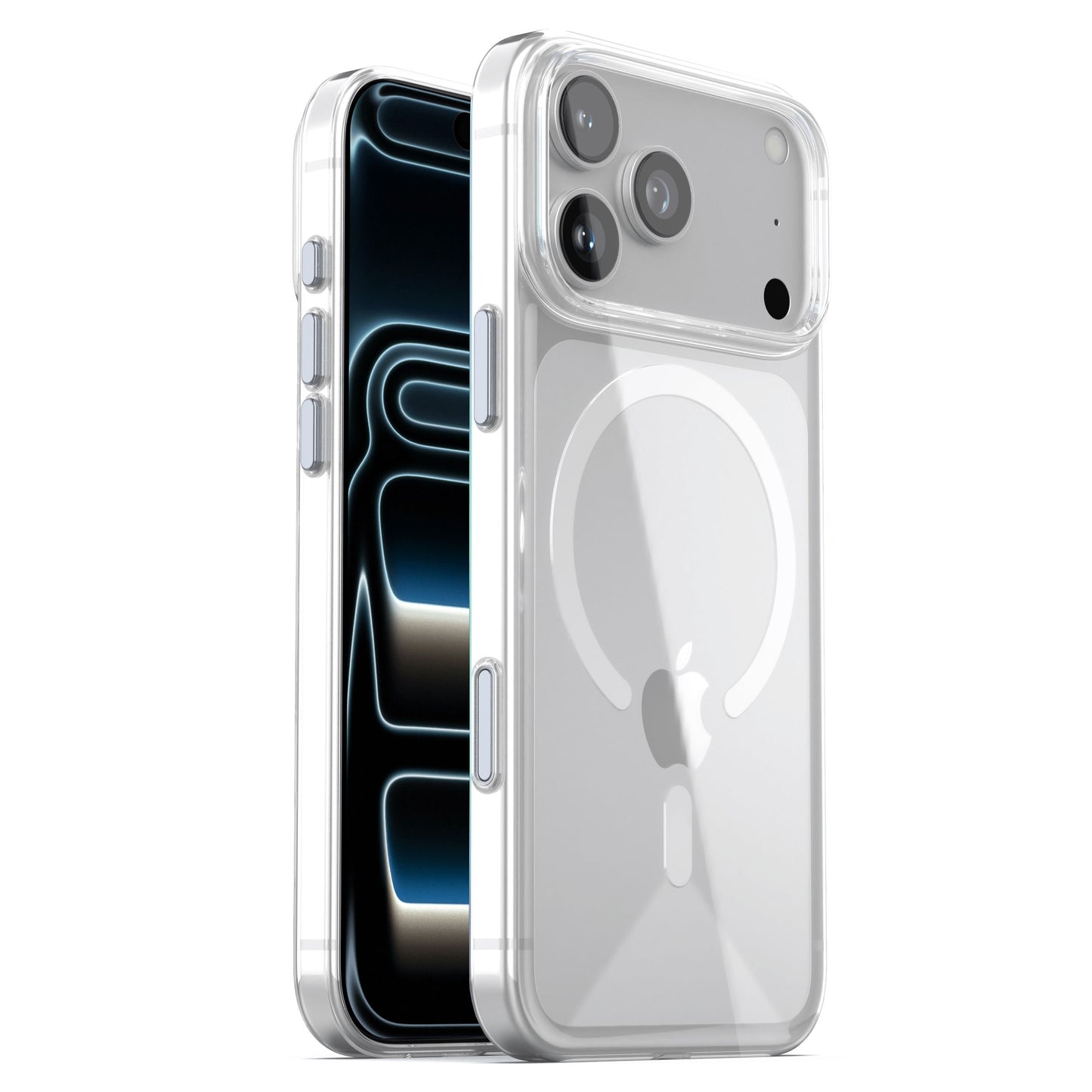 Das arktis iPhone 17 Pro Clear Case mit MagSafe schützt dein schwarzes iPhone 17 Pro kratzfest und zeigt Kamera sowie Apple Logo durch das reflektierende Display.