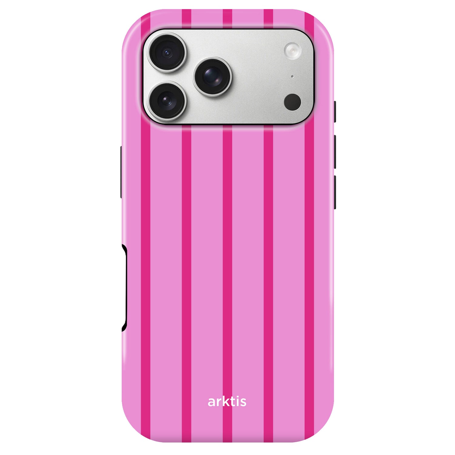 Die arktis iPhone 17 Pro Hülle - Lady Stripes hat vertikale, dunkelrosa Streifen, ein "arktis" Branding auf der Unterseite und ist aus stoßabsorbierendem TPU-Silikon für zusätzlichen Schutz.