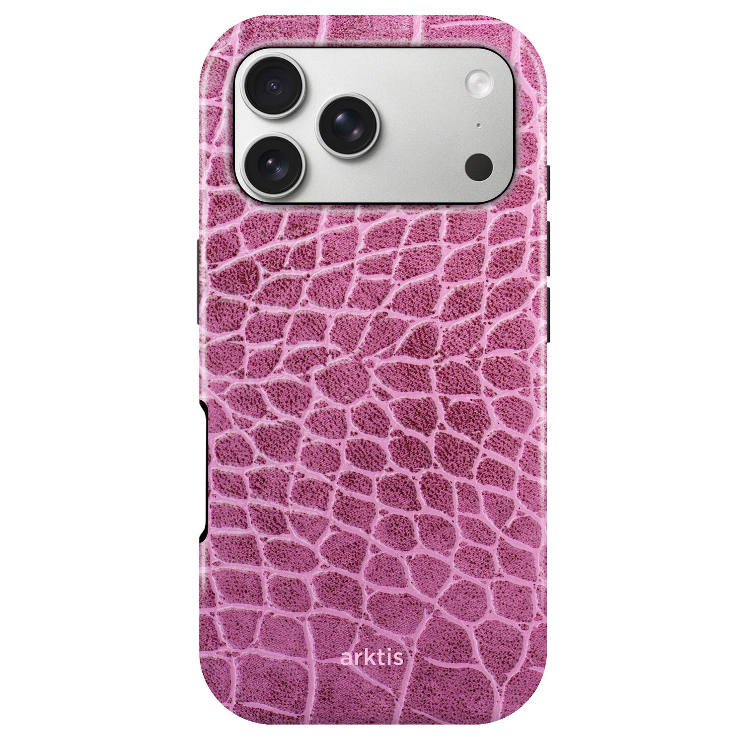 Die arktis iPhone 17 Pro Hülle - Pink Lizard ist eine rosafarbene, strukturierte Hülle im Eidechsenhaut-Look aus stoßabsorbierendem TPU-Silikon, MagSafe-kompatibel und mit dem arktis-Logo auf der Unterseite.