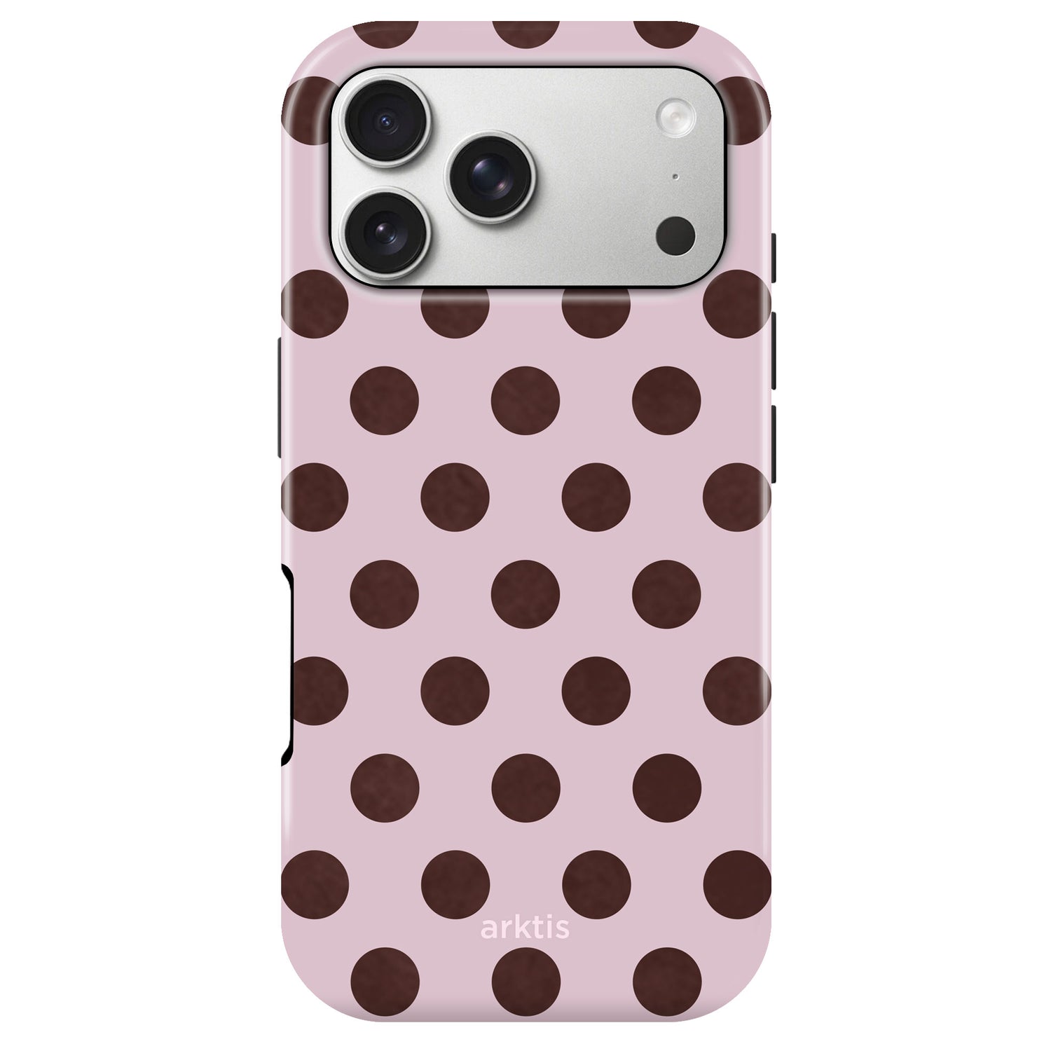 Schützen Sie Ihr iPhone 17 Pro Max mit dem arktis Sweetie Case - rosa mit braunen Punkten, drei Aussparungen für die Kameralinse, aus stoßabsorbierendem TPU-Silikon und MagSafe-kompatibel für mehr Komfort.