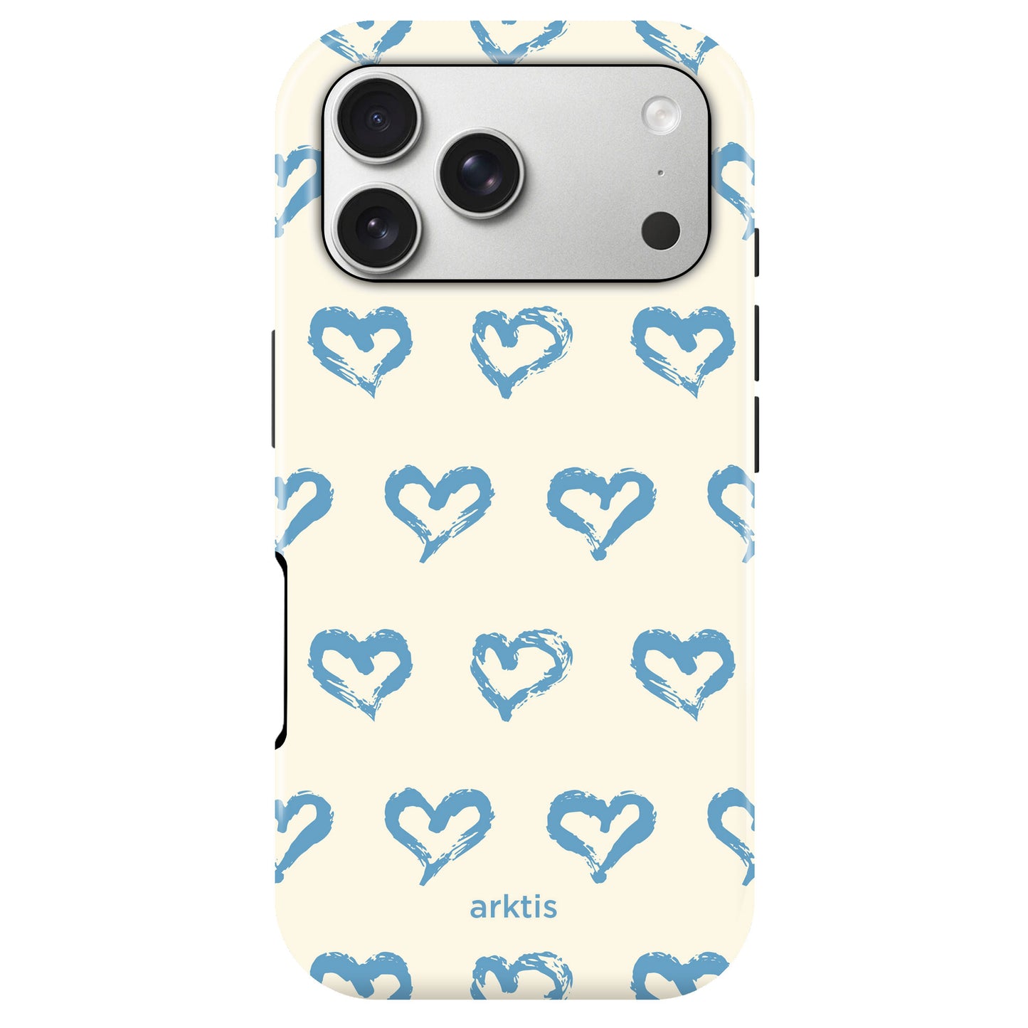Arktis iPhone 17 Pro Hülle - Blue Hearts: Cremefarbene Schutzhülle mit blauem, handgezeichnetem Herzmuster, arktis-Schriftzug unten. Aus stoßabsorbierendem TPU-Silikon, MagSafe kompatibel.