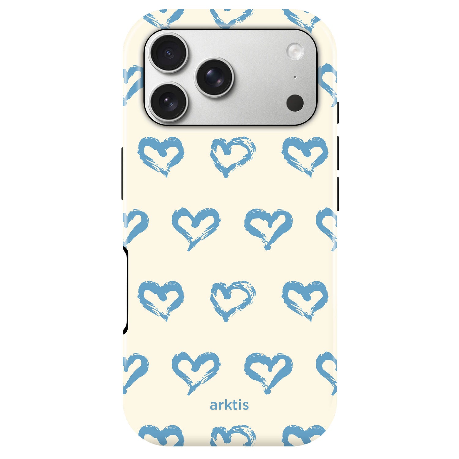 Arktis iPhone 17 Pro Hülle - Blue Hearts: Cremefarbene Schutzhülle mit blauem, handgezeichnetem Herzmuster, arktis-Schriftzug unten. Aus stoßabsorbierendem TPU-Silikon, MagSafe kompatibel.