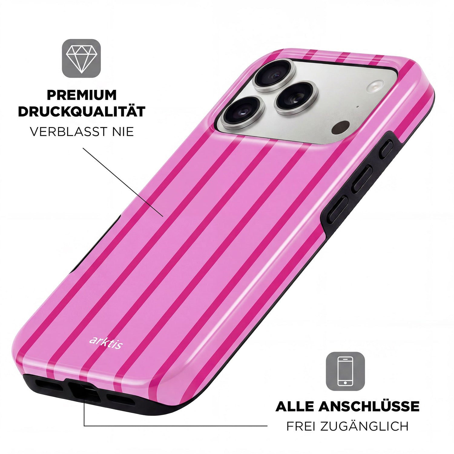 Die arktis iPhone 17 Pro Hülle - Lady Stripes überzeugt mit stoßabsorbierendem TPU-Silikon, präzisem Kameraausschnitt, zugänglichen Ports und MagSafe-Kompatibilität. Deutsche Text-Overlays ergänzen das stilvolle Design von arktis.