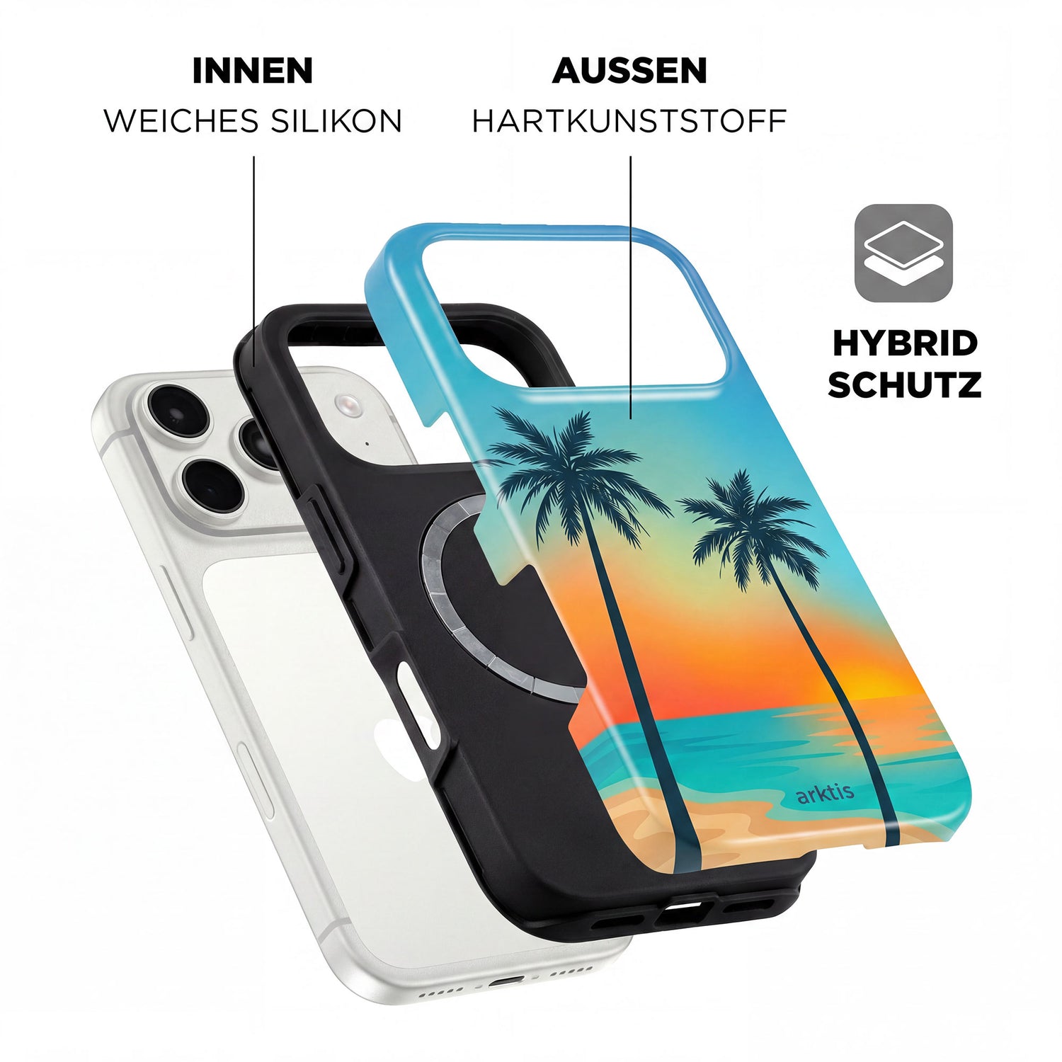 Explosionszeichnung der arktis iPhone 17 Pro Hülle - Sunset Beach von arktis: Palmen-Design, beschriftetes stoßabsorbierendes weiches Silikon innen und hartes Plastik außen. MagSafe kompatibel.