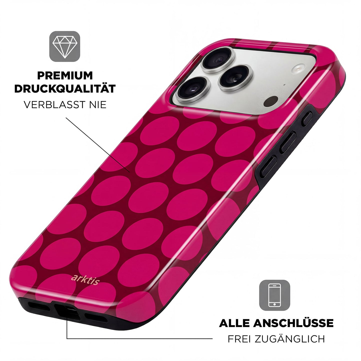 Die arktis iPhone 17 Pro Max Hülle - Polka Dots bietet einen hochwertigen Druck großer magenta Punkte, besteht aus stoßabsorbierendem TPU-Silikon und ist MagSafe-kompatibel mit zugänglichen Anschlüssen.