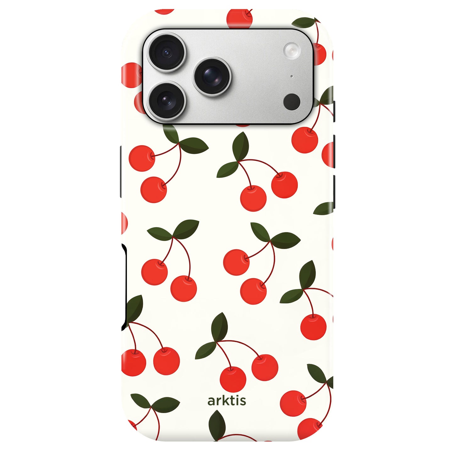 Die arktis iPhone 17 Pro Max Hülle - Cherry von arktis zeigt ein rotes Kirschmuster mit grünen Blättern auf weißem Hintergrund, bietet stoßabsorbierendes TPU-Silikon und ist MagSafe-kompatibel.