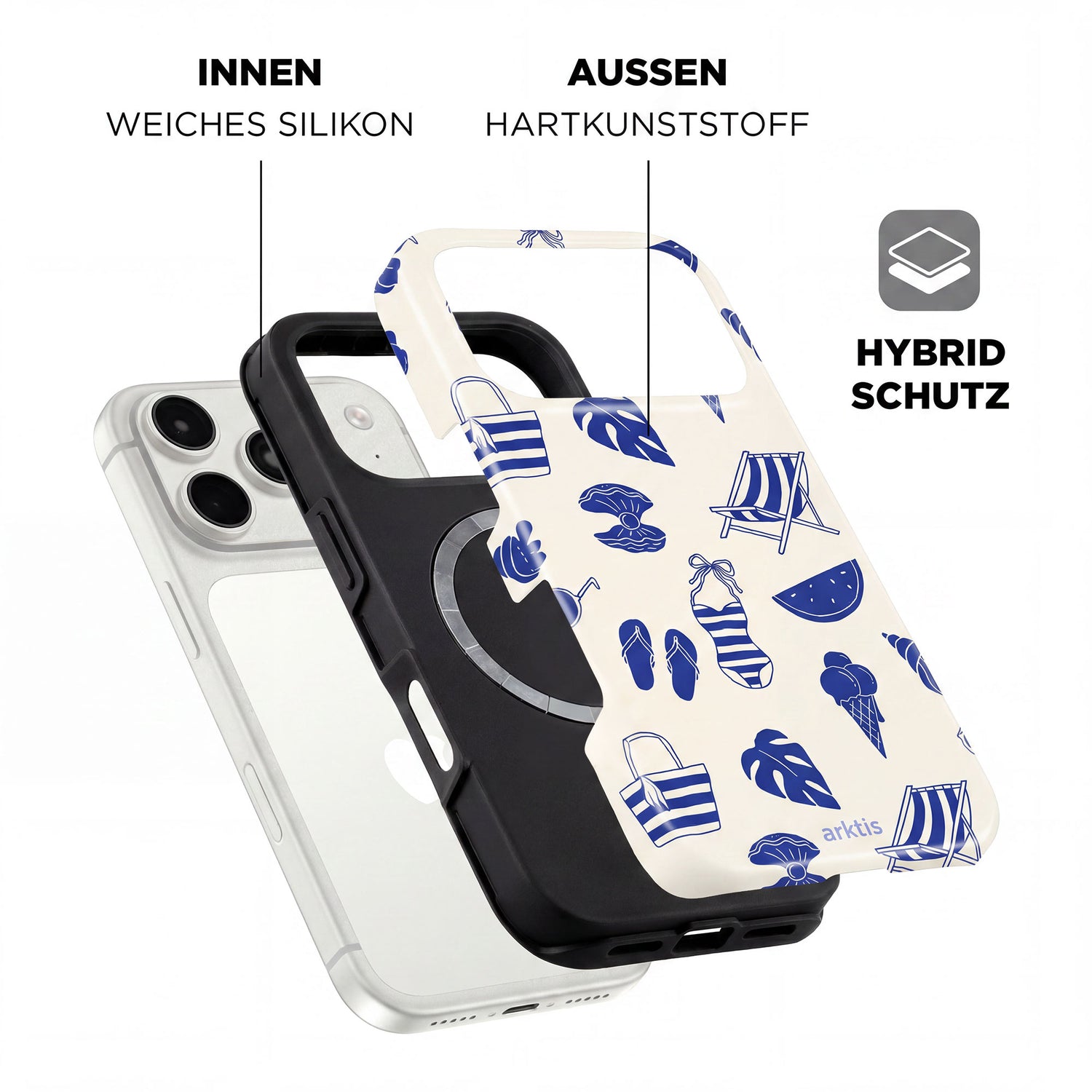 MagSafe-kompatible arktis iPhone 17 Pro Max Hülle - Beach Style: Stoßabsorbierendes TPU-Silikon innen, harte Kunststoff-Außenschale, blaues Beach-Icons-Design.