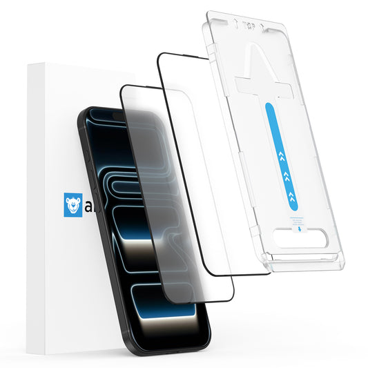Die arktis iPhone 17 Pro Max MATT Displayschutzfolie wird mit mattem Finish, Ausrichtungsschale und Verpackung gezeigt. Diese Displayschutzfolie aus gehärtetem Glas gewährleistet einen dauerhaften, blasenfreien Schutz mit einer Anti-Fingerprint-Beschichtung.