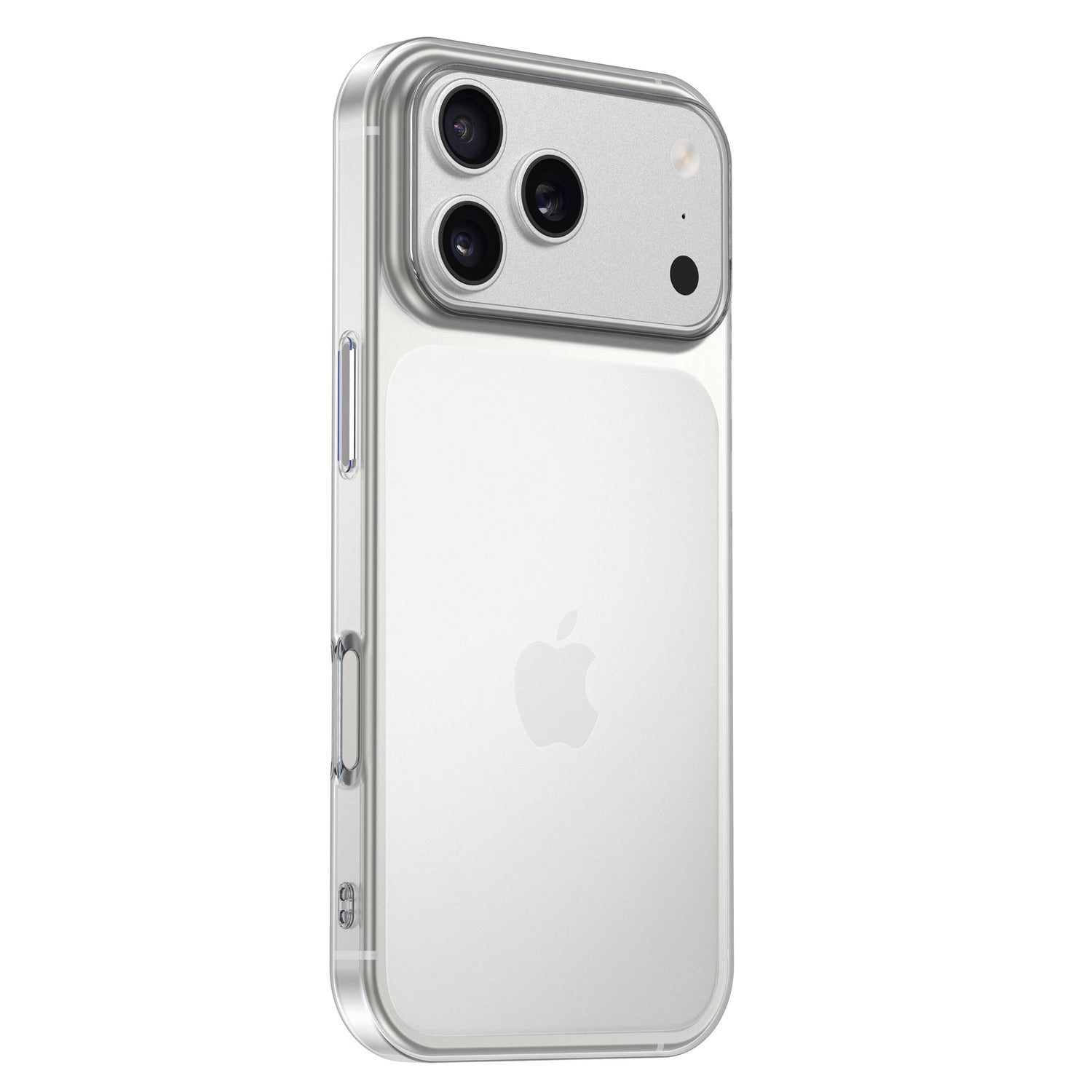 Ein silbernes iPhone mit einer transparenten arktis iPhone 17 Pro ZERO Hülle, die drei rückwärtige Kameras und das Apple-Logo sichtbar macht.