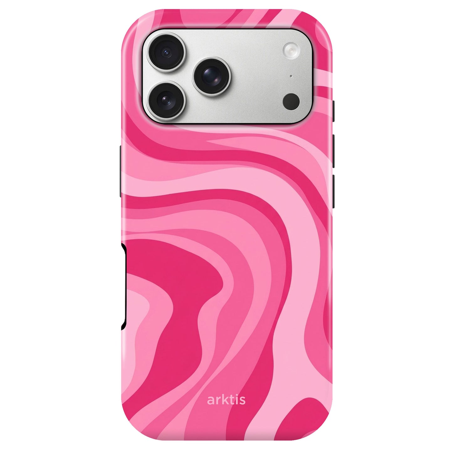 Die arktis iPhone 17 Pro Hülle - Aura Pink hat ein pinkes und magentafarbenes Wellenmuster, ist aus stoßabsorbierendem TPU-Silikon gefertigt, MagSafe kompatibel und zeigt das arktis Branding an der Unterseite.