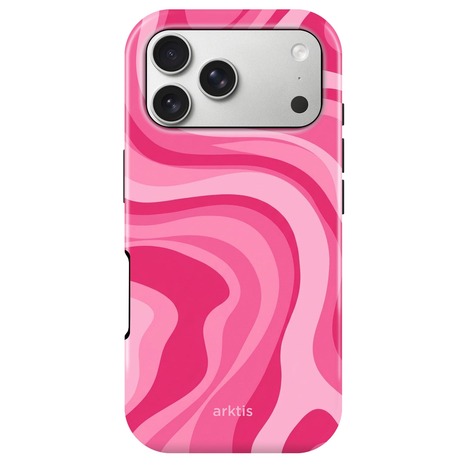 Die arktis iPhone 17 Pro Hülle - Aura Pink hat ein pinkes und magentafarbenes Wellenmuster, ist aus stoßabsorbierendem TPU-Silikon gefertigt, MagSafe kompatibel und zeigt das arktis Branding an der Unterseite.