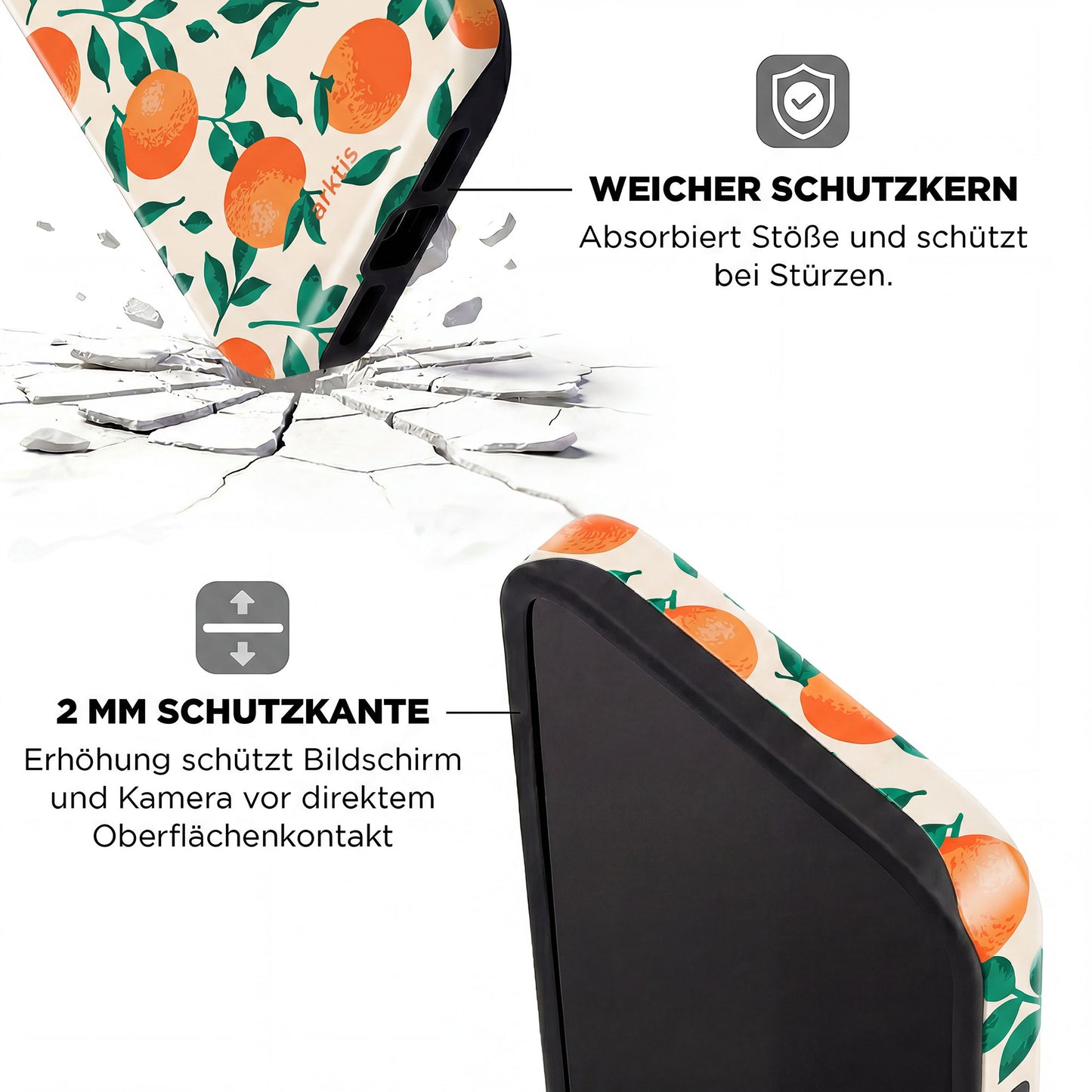 Die arktis iPhone 15 Pro Max Hülle - Orange Tree von arktis überzeugt mit orangefarbenem Muster, stoßabsorbierendem TPU-Silikon, MagSafe-Kompatibilität und coolem Cracked-Effekt für optimalen Schutz und stilvolles Design.