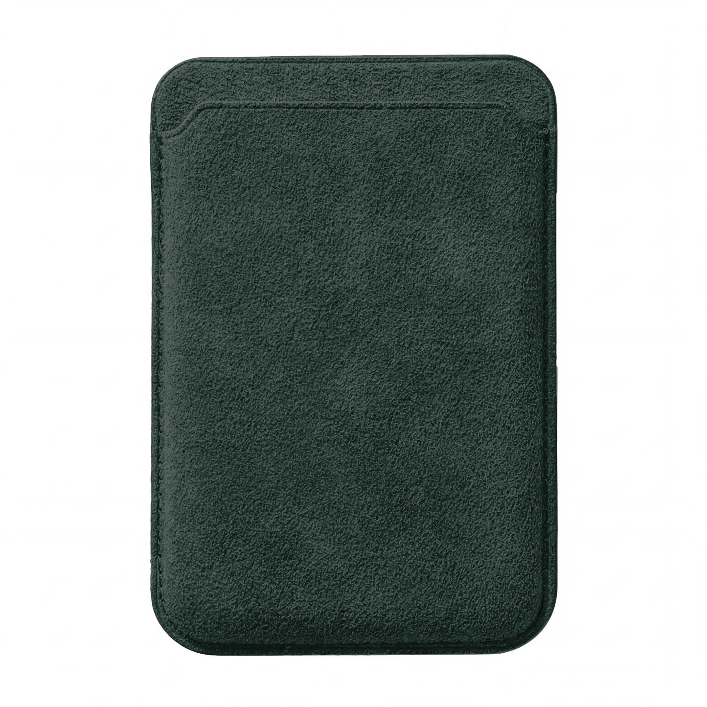 Der arktis iPhone MagSafe Kartenhalter aus Alcantara ist ein dunkelgrüner, rechteckiger Kartenhalter von arktis mit Wildledertextur auf weißem Hintergrund.
