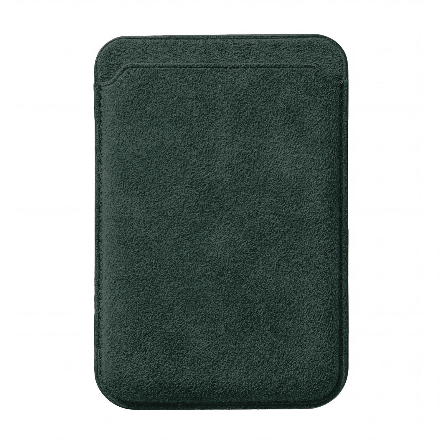 Der arktis iPhone MagSafe Kartenhalter aus Alcantara ist ein dunkelgrüner, rechteckiger Kartenhalter von arktis mit Wildledertextur auf weißem Hintergrund.