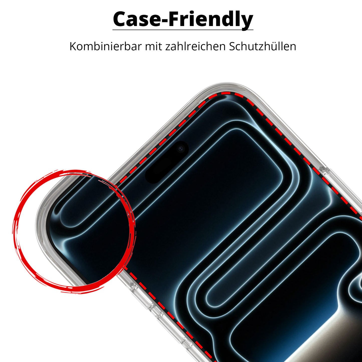 Ein iPhone 17 Pro mit einer Hülle, auf der die arktis iPhone 17 Pro Displayschutzfolie (Staubfrei ohne Blasen) rot gestrichelt hervorgehoben ist.
