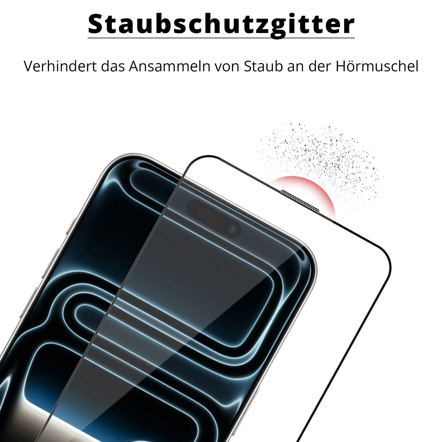 Staubdichter Mesh-Bildschirmschutz von arktis auf einem iPhone 17 Pro, der Staub von der Hörmuschel fernhält - ein wesentliches Merkmal des arktis iPhone 17 Pro Sparpakets für optimalen Schutz und Klarheit.