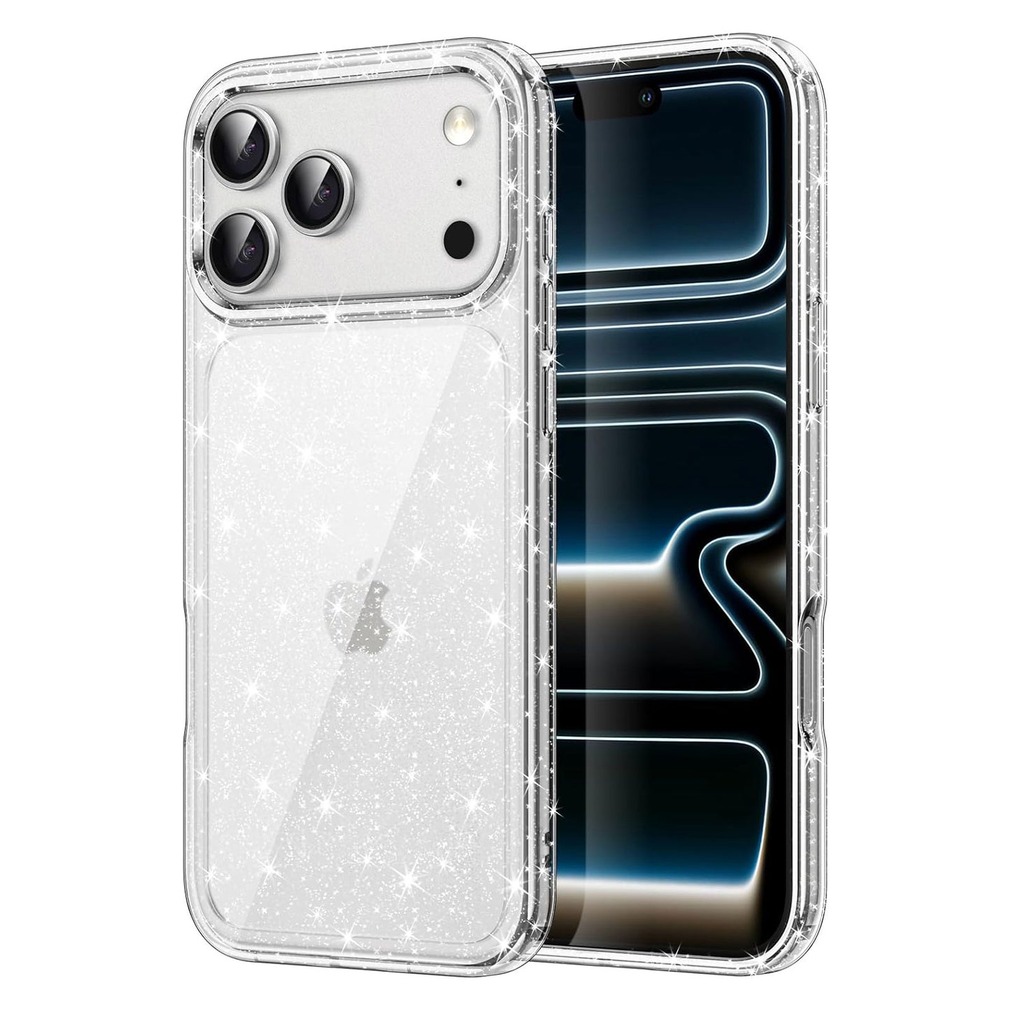 Das arktis iPhone 17 Pro Max Glitter Case bietet eine glitzernde Oberfläche und TPU-Silikonschutz, entwickelt für Modelle mit drei Kameras - sowohl auf der Vorder- als auch auf der Rückseite.