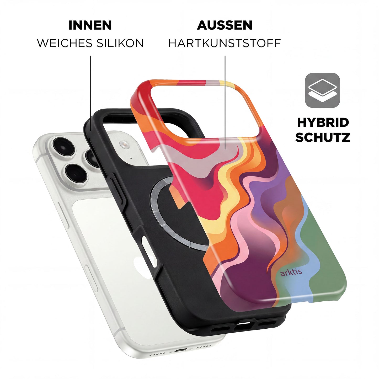 Explosionszeichnung der arktis iPhone 17 Pro Max Hülle - Happy Life zeigt stoßabsorbierendes TPU-Silikon innen und harte Kunststoffschicht außen für hybriden Schutz. MagSafe-kompatibel für bequemes kabelloses Laden.