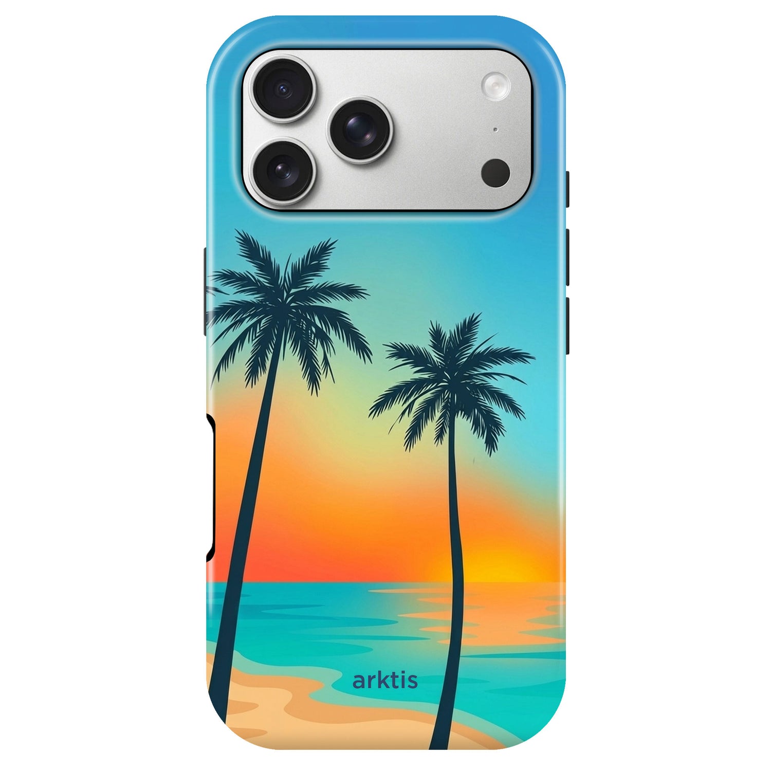Die arktis iPhone 17 Pro Hülle - Sunset Beach zeigt ein Sonnenuntergangs-Strandmotiv mit zwei Palmen, arktis-Branding und ist MagSafe-kompatibel dank stoßabsorbierendem TPU-Silikon für optimalen Schutz.
