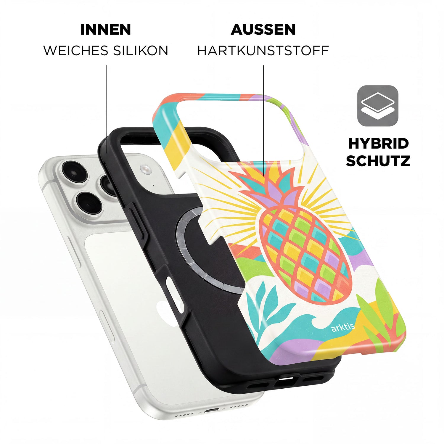 Die Explosionszeichnung der arktis iPhone 17 Pro Max Hülle - Tropic Pineapple zeigt das lebendige Design mit weichem, stoßabsorbierendem Silikon innen und hartem Kunststoff außen; MagSafe-kompatibel.