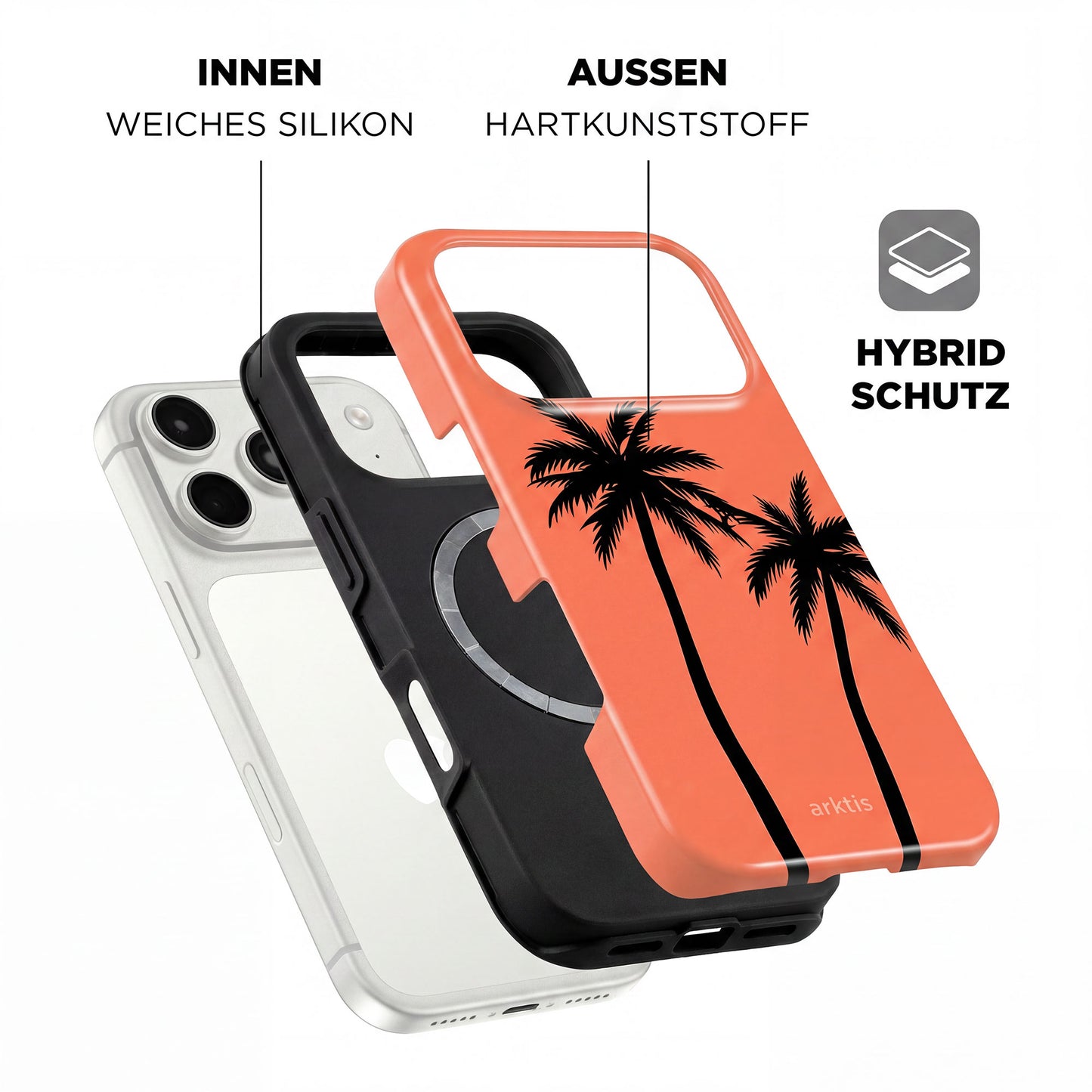 Explosionszeichnung der arktis iPhone 17 Pro Hülle - Coral Coast mit Palmen-Design, einer inneren stoßabsorbierenden TPU-Silikonschicht und einer robusten äußeren Hartplastikschale.
