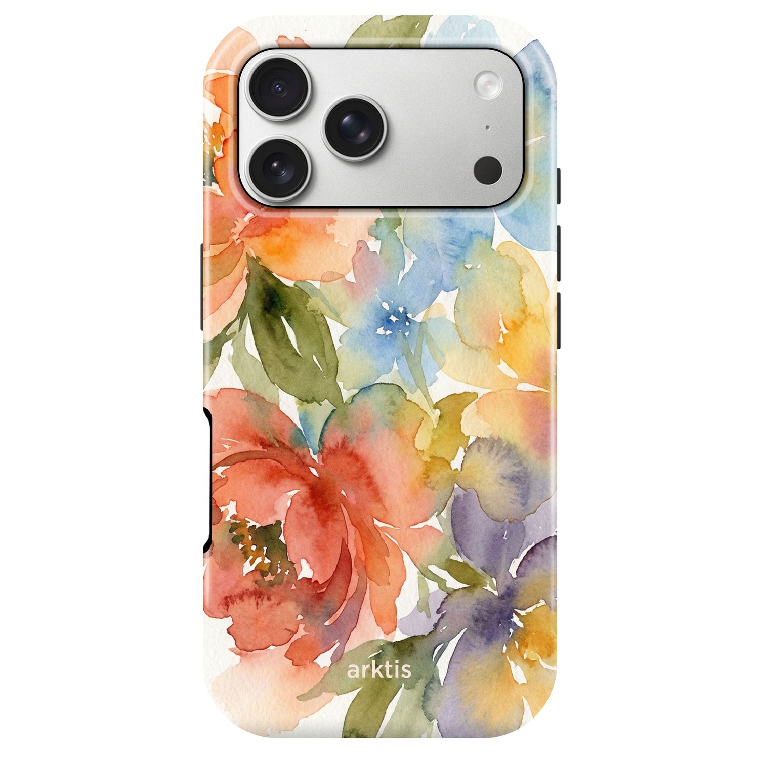 Die arktis iPhone 17 Pro Max Hülle - Floral von arktis schützt dank stoßabsorbierendem TPU-Silikon stilvoll und zuverlässig; MagSafe-kompatibel mit buntem Aquarell-Blumenmuster in Rot, Orange, Gelb, Grün und Lila.