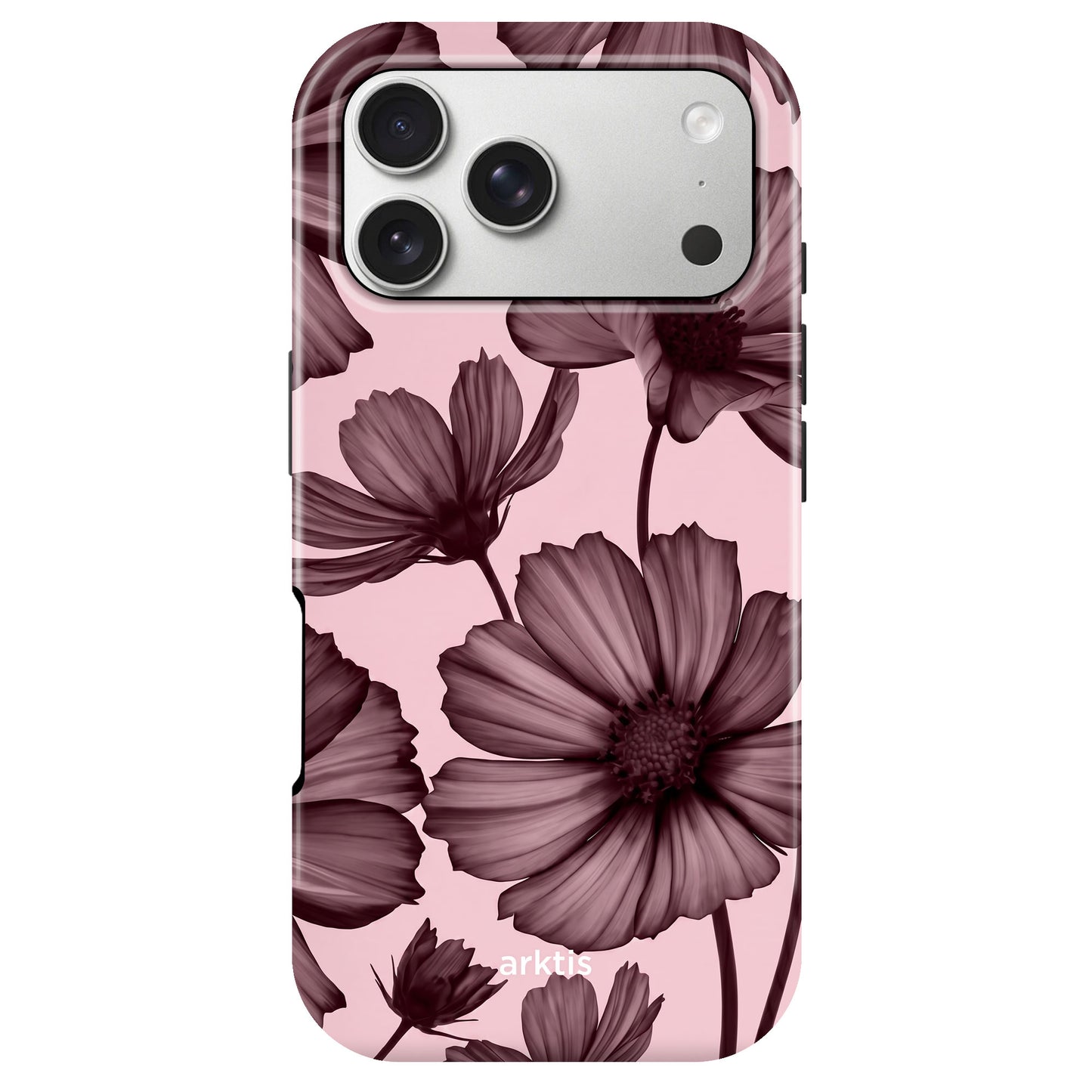 Arktis iPhone 17 Pro Hülle - Bloom Case: Stoßabsorbierendes, MagSafe-kompatibles Case mit großen, dunklen, halbtransparenten Blumenmotiven und drei Kameraaussparungen am oberen Rand.