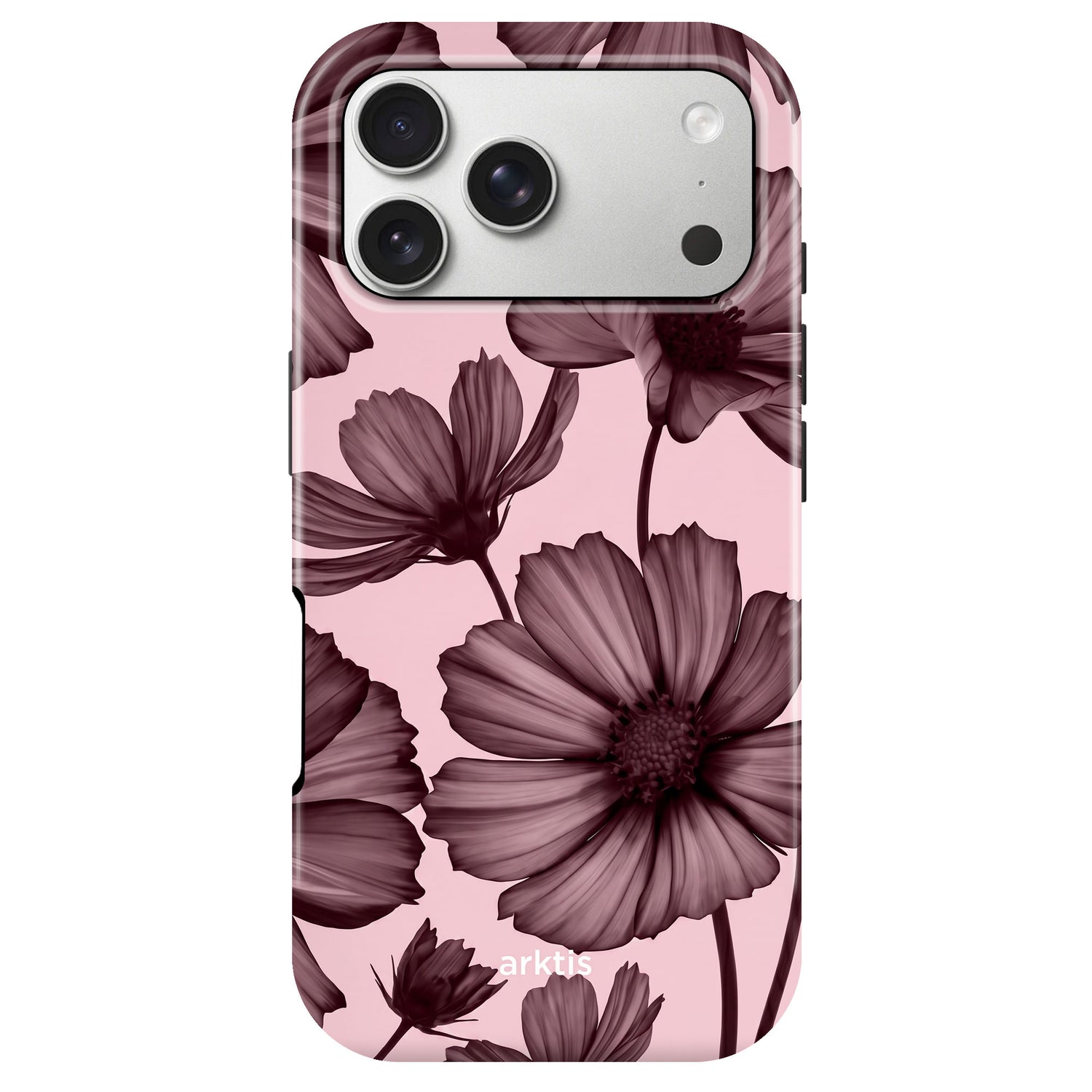 Arktis iPhone 17 Pro Hülle - Bloom Case: Stoßabsorbierendes, MagSafe-kompatibles Case mit großen, dunklen, halbtransparenten Blumenmotiven und drei Kameraaussparungen am oberen Rand.