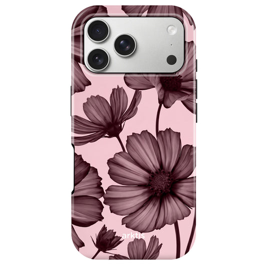 Arktis iPhone 17 Pro Hülle - Bloom Case: Stoßabsorbierendes, MagSafe-kompatibles Case mit großen, dunklen, halbtransparenten Blumenmotiven und drei Kameraaussparungen am oberen Rand.