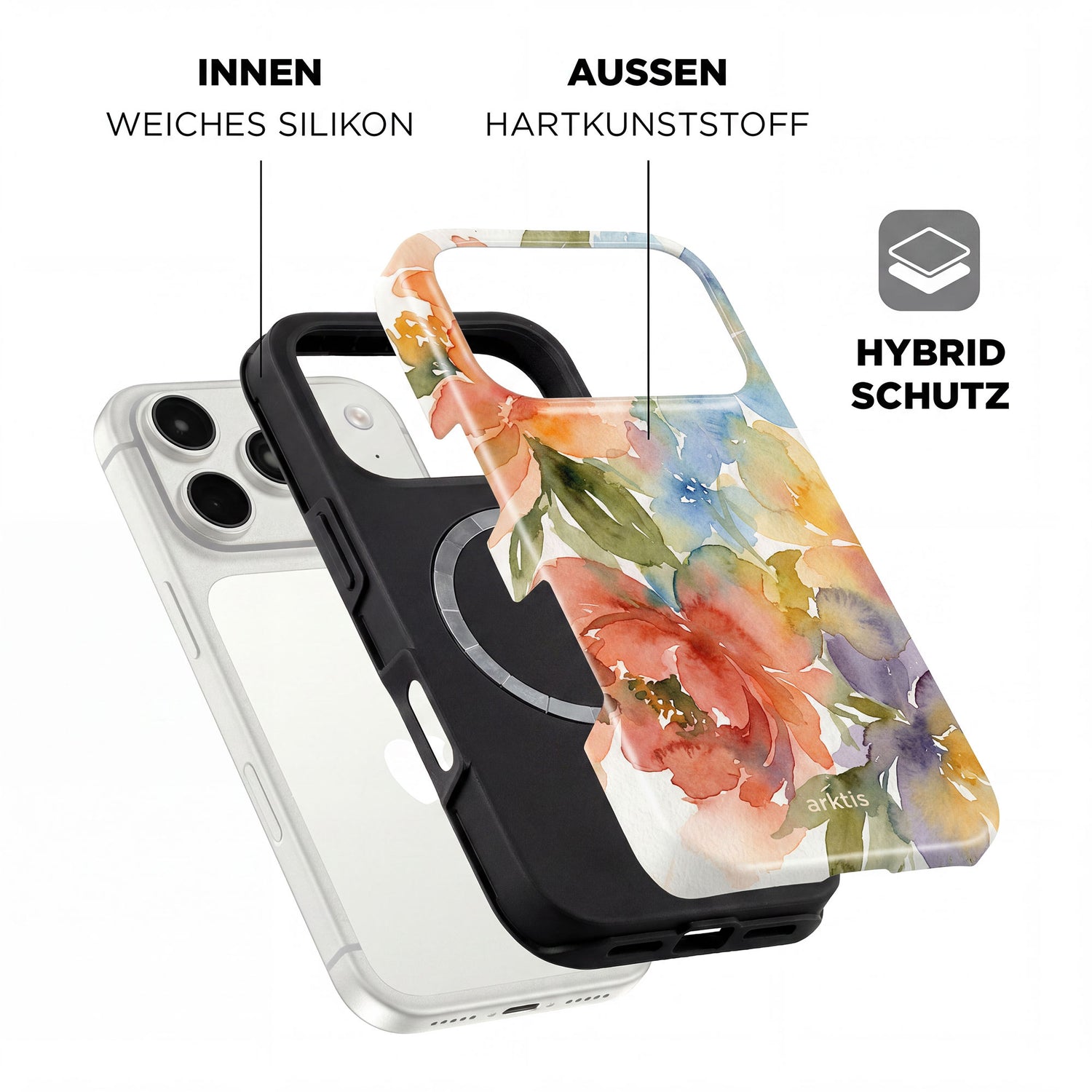 Die arktis iPhone 17 Pro Hülle - Floral von arktis verfügt über ein stoßabsorbierendes TPU-Silikon-Innenleben, harte Plastik-Außenseite, HYBRID SCHUTZ Icon (Deutsch), und ist MagSafe kompatibel für bequemes Laden.