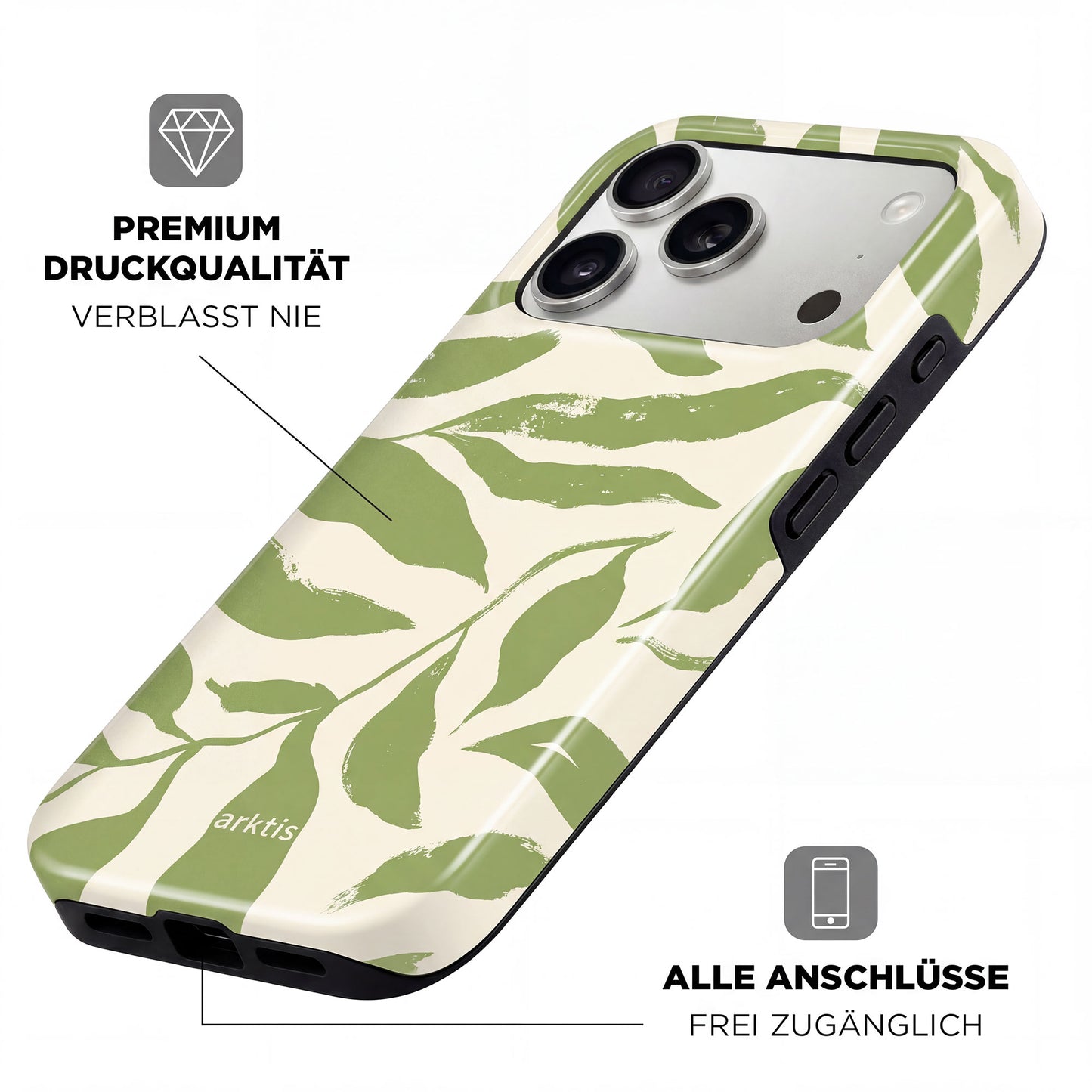 Die arktis iPhone 17 Pro Max Hülle - Botanic überzeugt mit grünem und cremefarbenem Blattmuster, stoßabsorbierendem TPU-Silikon, hochwertigem Druck, präzisen Aussparungen und MagSafe-Kompatibilität. Von arktis.