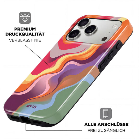 Die arktis iPhone 17 Pro Max Hülle - Happy Life besticht durch ihr abstraktes Wellenmuster, besteht aus TPU-Silikon, ist MagSafe-kompatibel und bietet zugängliche Anschlüsse sowie hochwertigen Druck - alles auf Deutsch beschrieben.