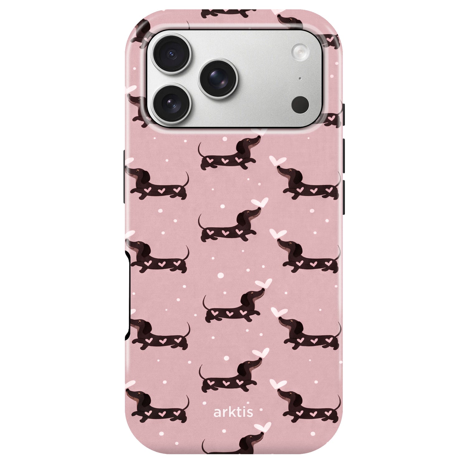 Die arktis iPhone 17 Pro Hülle - Dackel Love zeigt ein pinkes Design mit Dackel, weißen Herzen und Punkten. Hergestellt aus stoßabsorbierendem TPU-Silikon, MagSafe kompatibel und mit dem Schriftzug "arktis" auf der Unterseite.