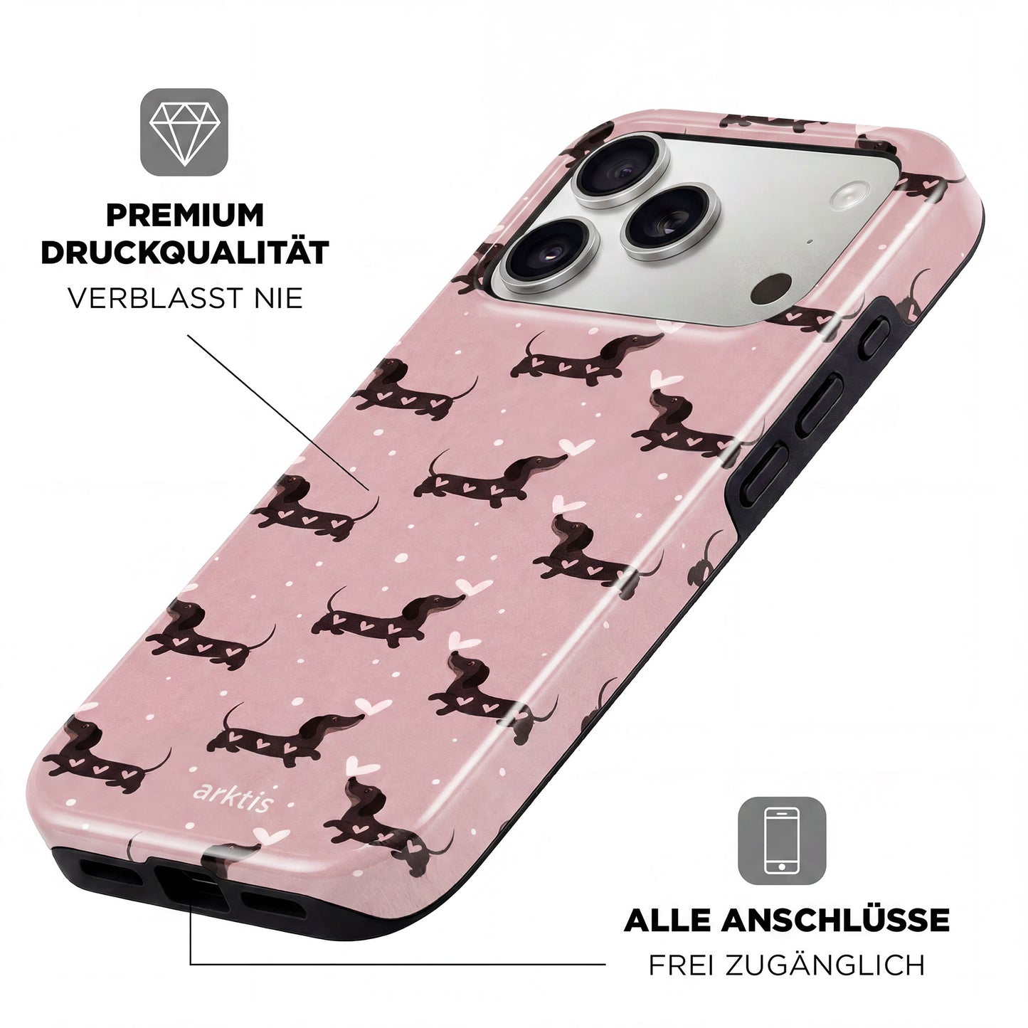 Die arktis iPhone 15 Pro Hülle - Dackel Love bietet ein süßes Dackel- und Herzmuster, ist MagSafe-kompatibel, stoßabsorbierend, besticht durch hohe Druckqualität und hat gut zugängliche Anschlüsse.