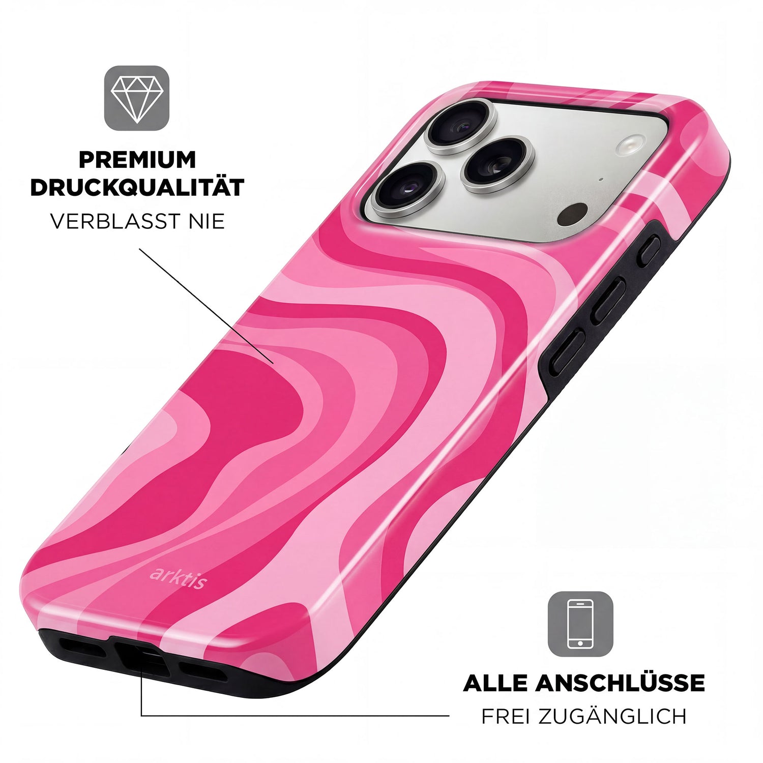 Die arktis iPhone 17 Pro Hülle - Aura Pink aus TPU-Silikon ist MagSafe-kompatibel, bietet hochwertige Druckqualität und ermöglicht freien Zugang zu allen Anschlüssen.