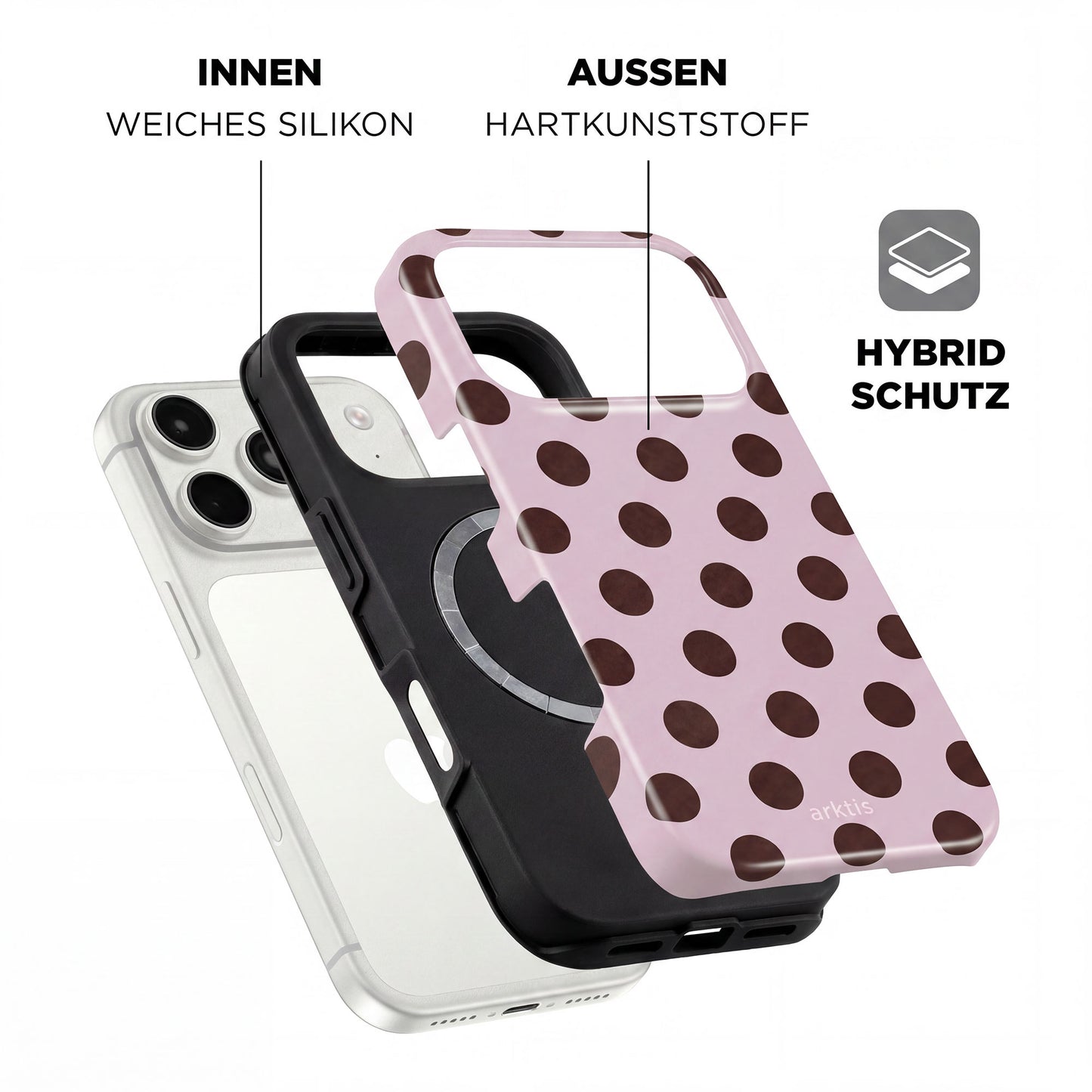 Explosionszeichnung der arktis iPhone 17 Pro Hülle - Sweetie von arktis mit rosa und braunen Tupfen, stoßdämpfender TPU-Silikon-Innenschicht, robuster Kunststoff-Außenschicht und MagSafe-Kompatibilität.