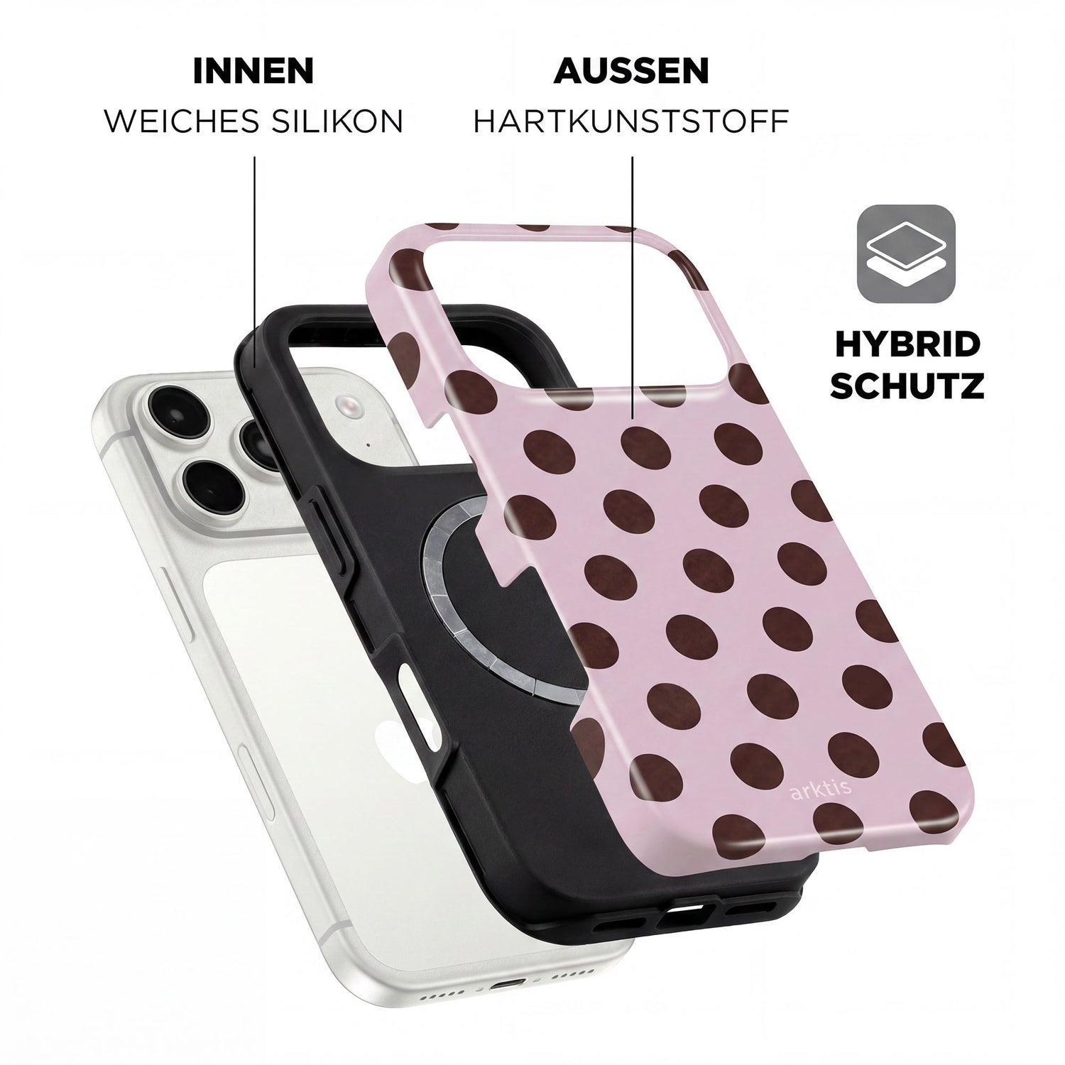 Explosionszeichnung der arktis iPhone 17 Pro Hülle - Sweetie von arktis mit rosa und braunen Tupfen, stoßdämpfender TPU-Silikon-Innenschicht, robuster Kunststoff-Außenschicht und MagSafe-Kompatibilität.