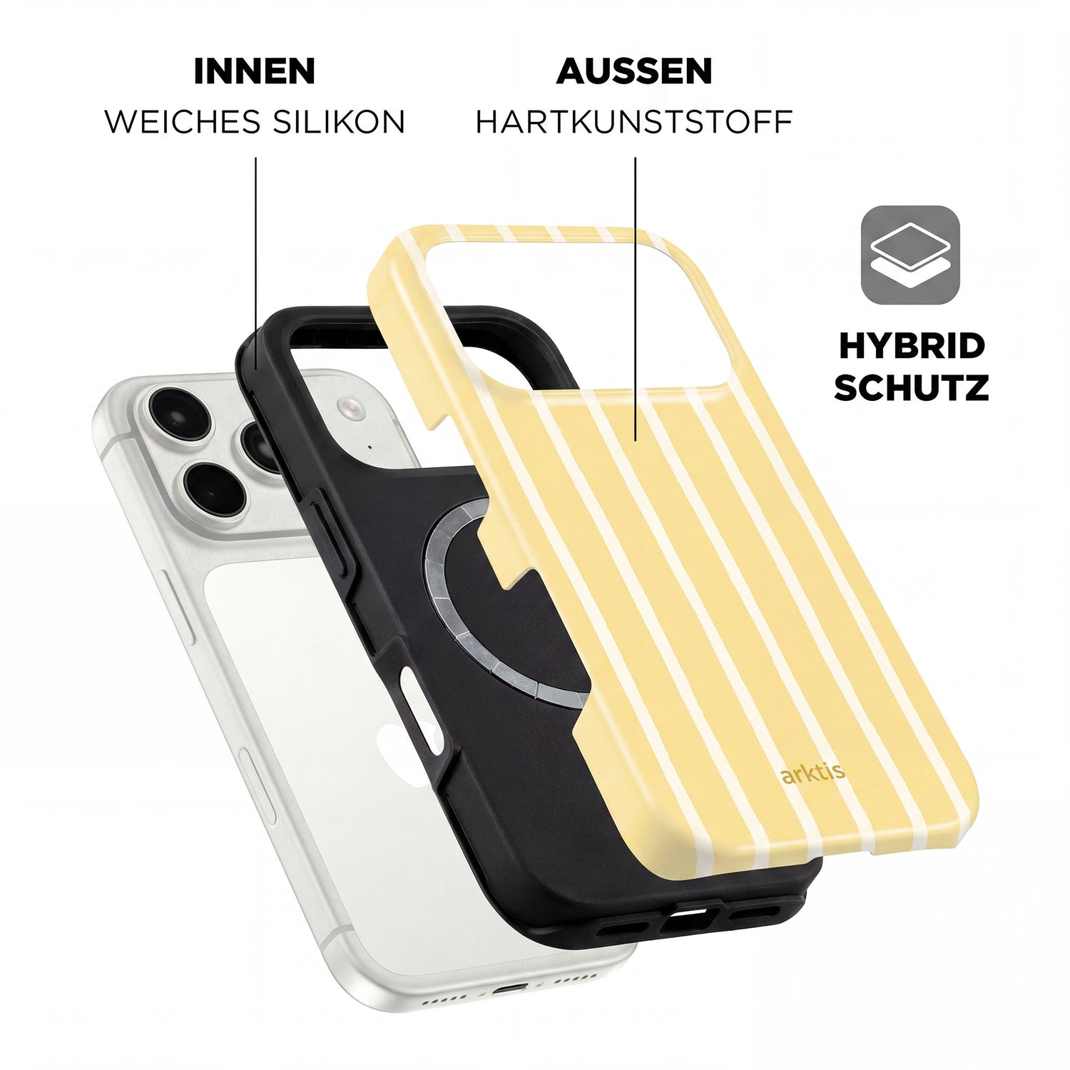 Explosionsdarstellung der arktis iPhone 17 Pro Max Hülle - Sunny Stripes: Schwarze, stoßabsorbierende TPU-Silikon-Innenhülle, gelb gestreifte Hartschale mit Hybridschutz-Symbol. MagSafe-kompatibel für einfaches Aufladen.