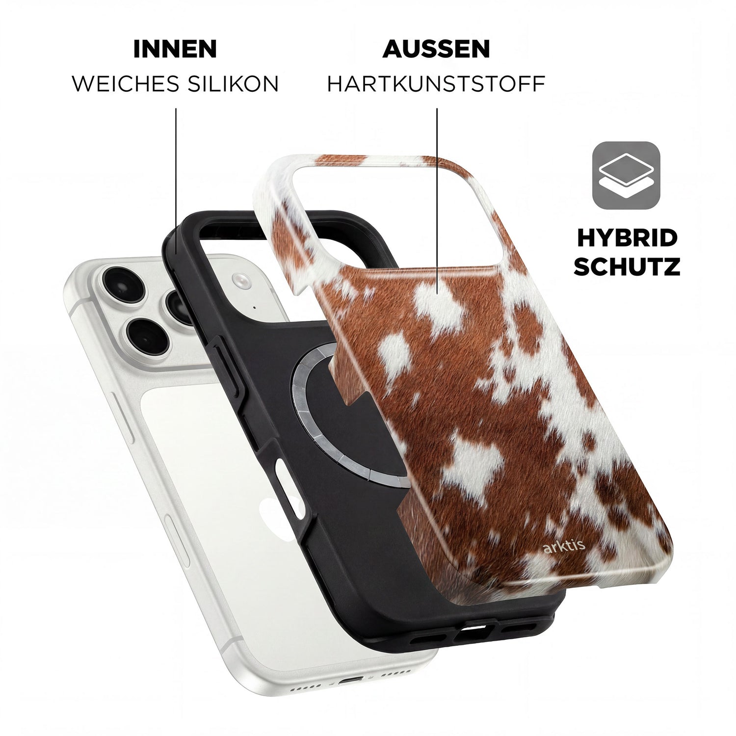 Explosionszeichnung der arktis iPhone 17 Pro Max Hülle - Cow mit MagSafe-Kompatibilität, Kuh-Print-Design, stoßabsorbierender TPU-Silikon-Innenschicht und Hartplastik-Außenhülle.