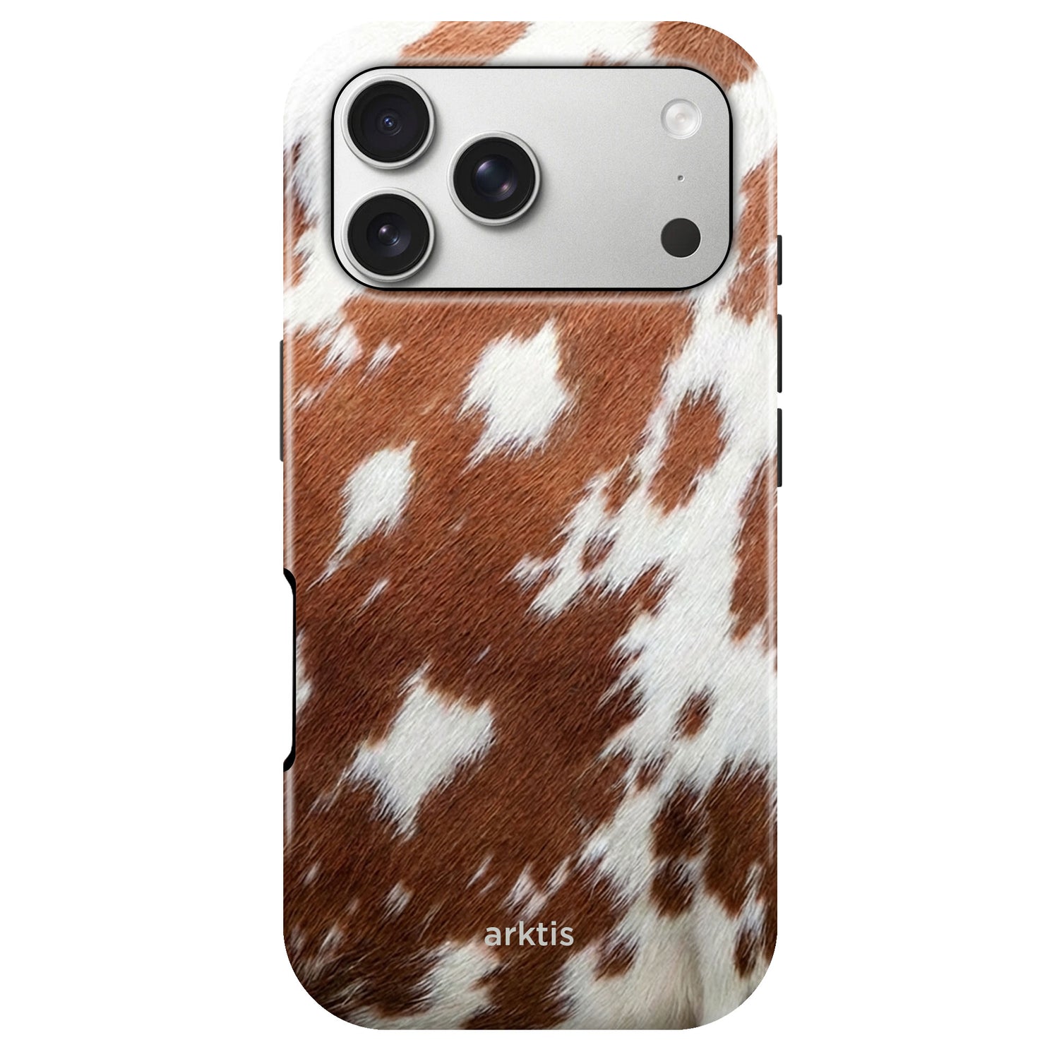Arktis iPhone 17 Pro Max Hülle - Rind: Schutzhülle mit braun-weißem Kuhfellmuster, arktis Logo unten, stoßabsorbierendes TPU-Silikon, MagSafe kompatibel.