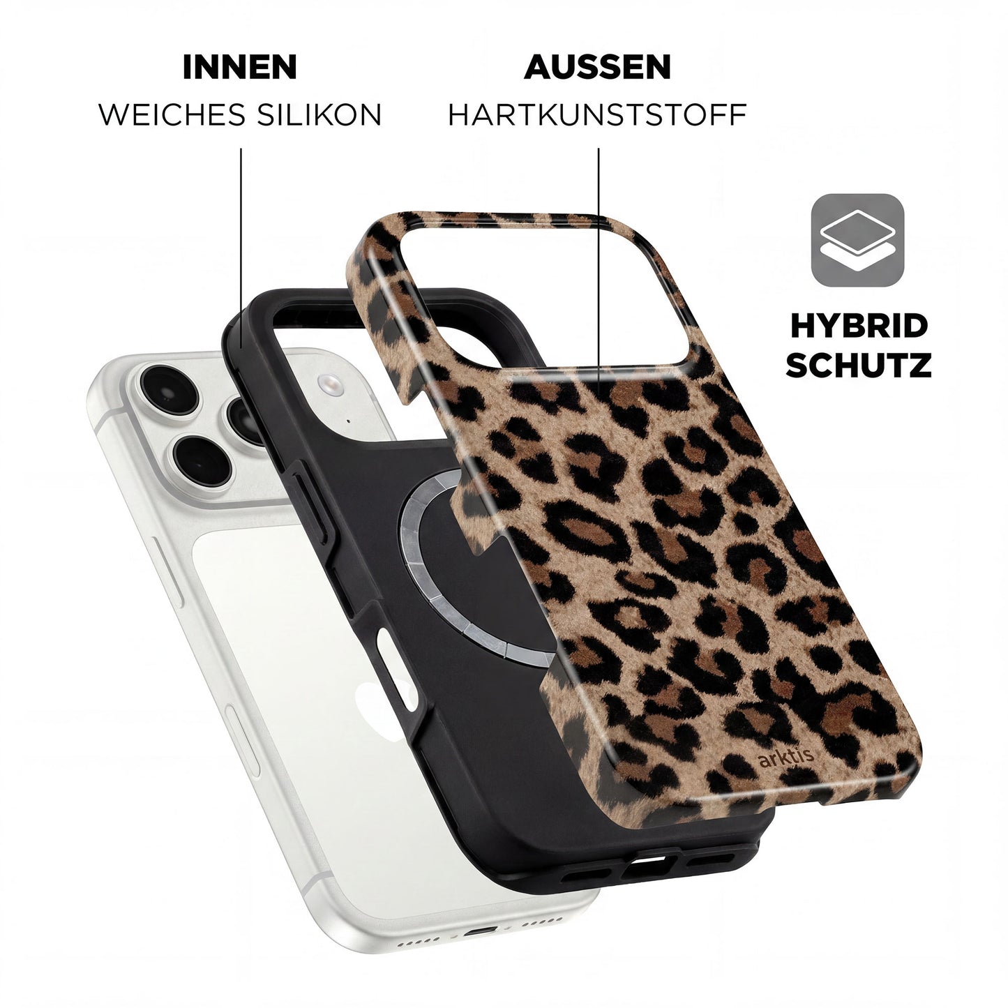 Die arktis iPhone 17 Pro Max Hülle - Sweet Leopard bietet hybriden Schutz mit einer inneren stoßabsorbierenden TPU-Silikonschicht, einer Hartplastikschale und MagSafe-Kompatibilität.