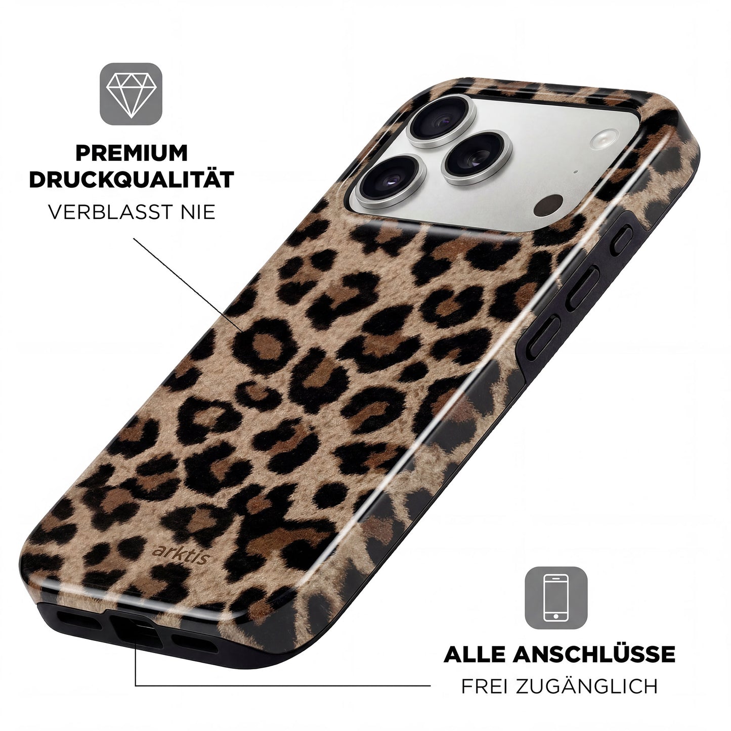 Schützen Sie Ihr iPhone 17 Pro Max mit der arktis "Sweet Leopard" Hülle - mit hochwertigem Leopardenprint, stoßabsorbierendem TPU-Silikon, leicht zugänglichen Anschlüssen und MagSafe Kompatibilität für einfaches Laden.