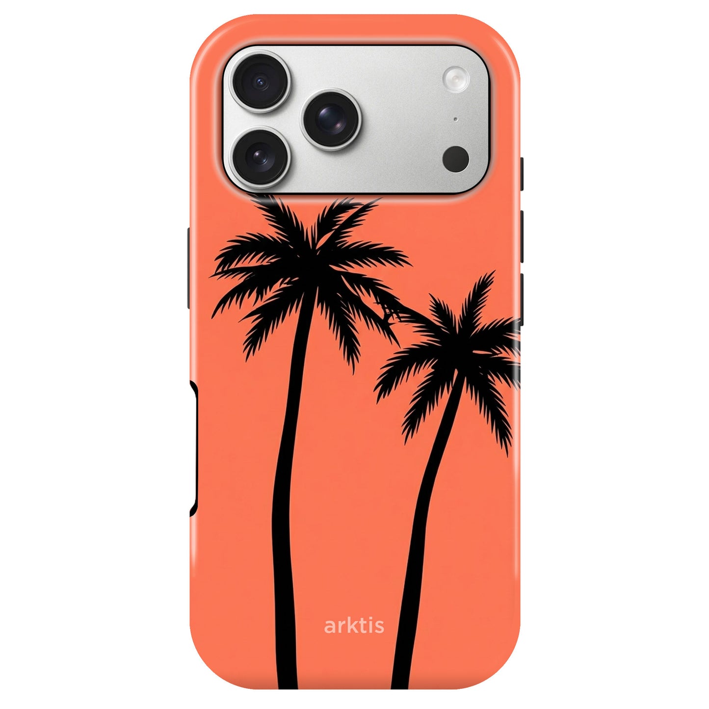 Die arktis iPhone 17 Pro Max Hülle - Coral Coast schützt mit stoßabsorbierendem TPU-Silikon, zeigt zwei schwarze Palmen-Silhouetten auf orangefarbenem Grund, trägt das arktis Logo und ist MagSafe-kompatibel.