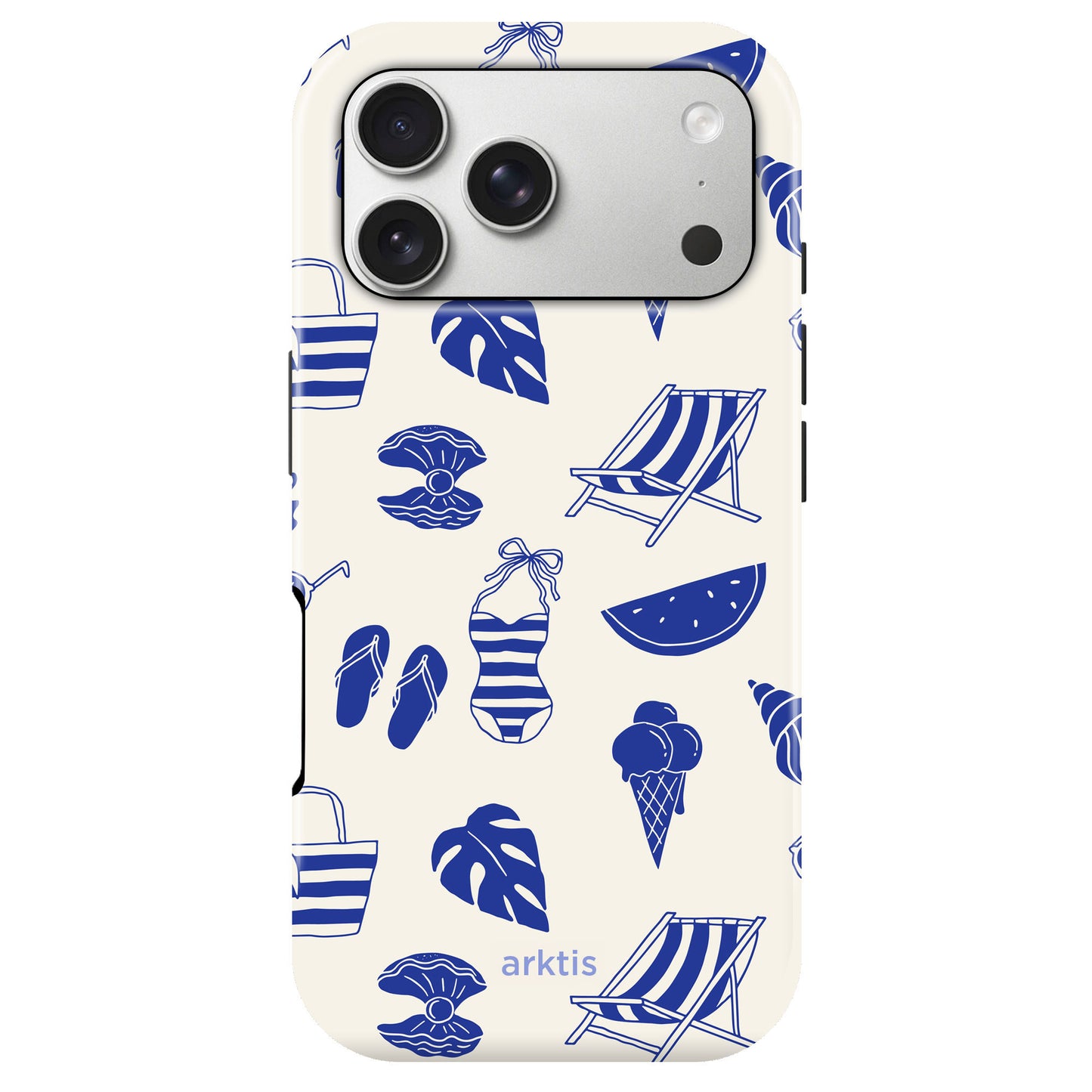 Die arktis iPhone 17 Pro Max Hülle - Beach Style zeigt ein cremefarbenes Design mit blauen Sommersymbolen wie Badeanzügen, Liegestühlen, Eiscreme, Flip-Flops und Strandtaschen. MagSafe kompatible TPU-Silikon Hülle von arktis.